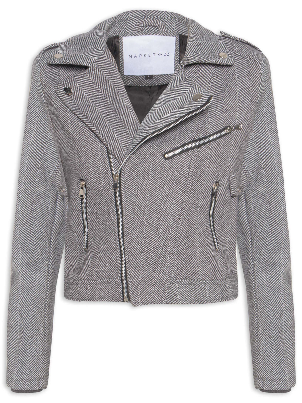 Casaqueto Feminino Com Zíper Diagonal Cinza Market 33