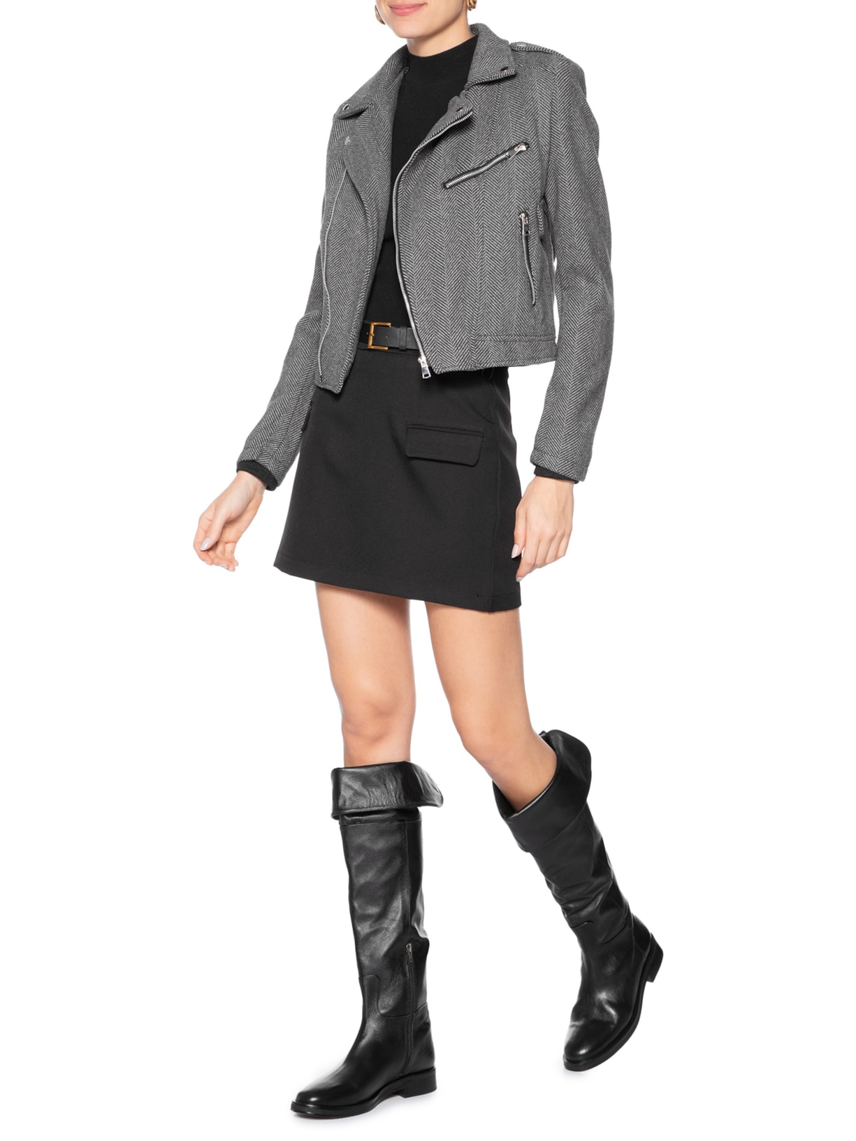 Casaqueto Feminino Com Zíper Diagonal Cinza Market 33