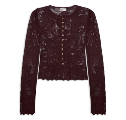 Casaqueto Feminino Tricot Jacquard Floral - Vermelho