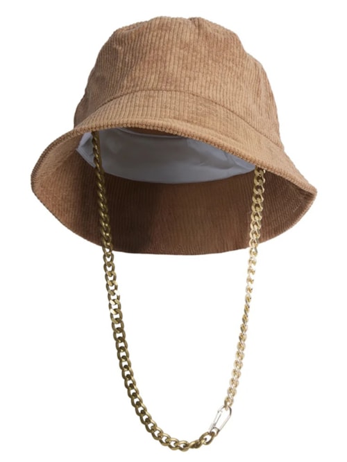 Chapéu Bucket Em Veludo Cotelê Com Correntaria Removível - Camelo