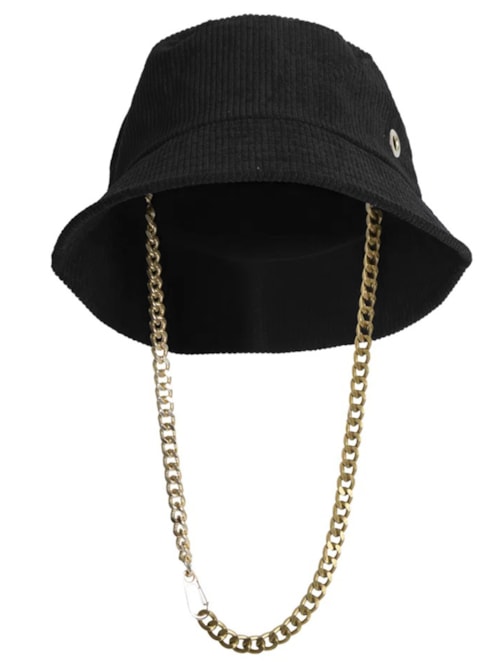 Chapéu Bucket Em Veludo Cotelê Com Corrente Removível - Preto