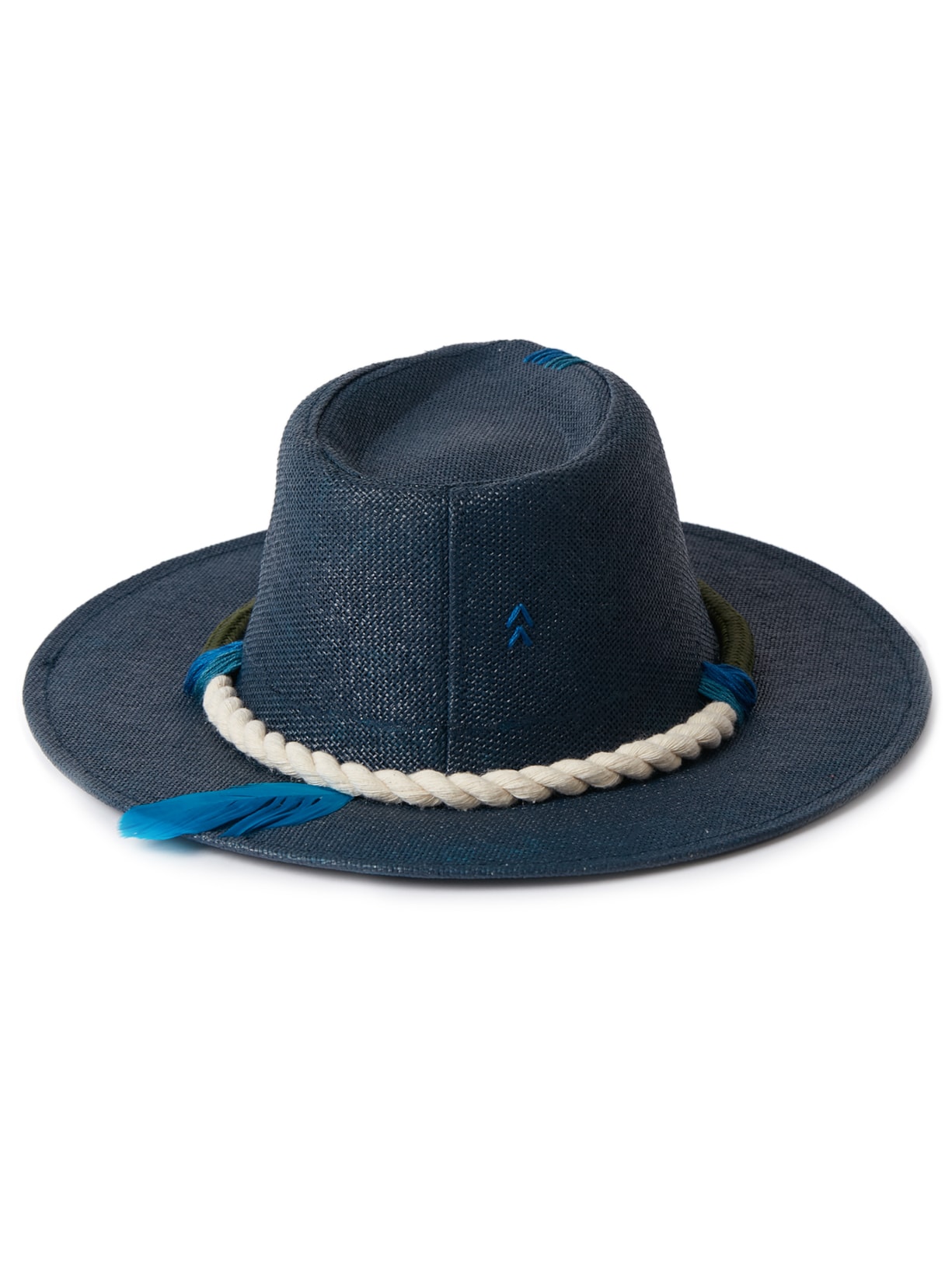 Chapéu Feminino Panamá Com Corda Náutica E Pena Natural Azul Âmmbar