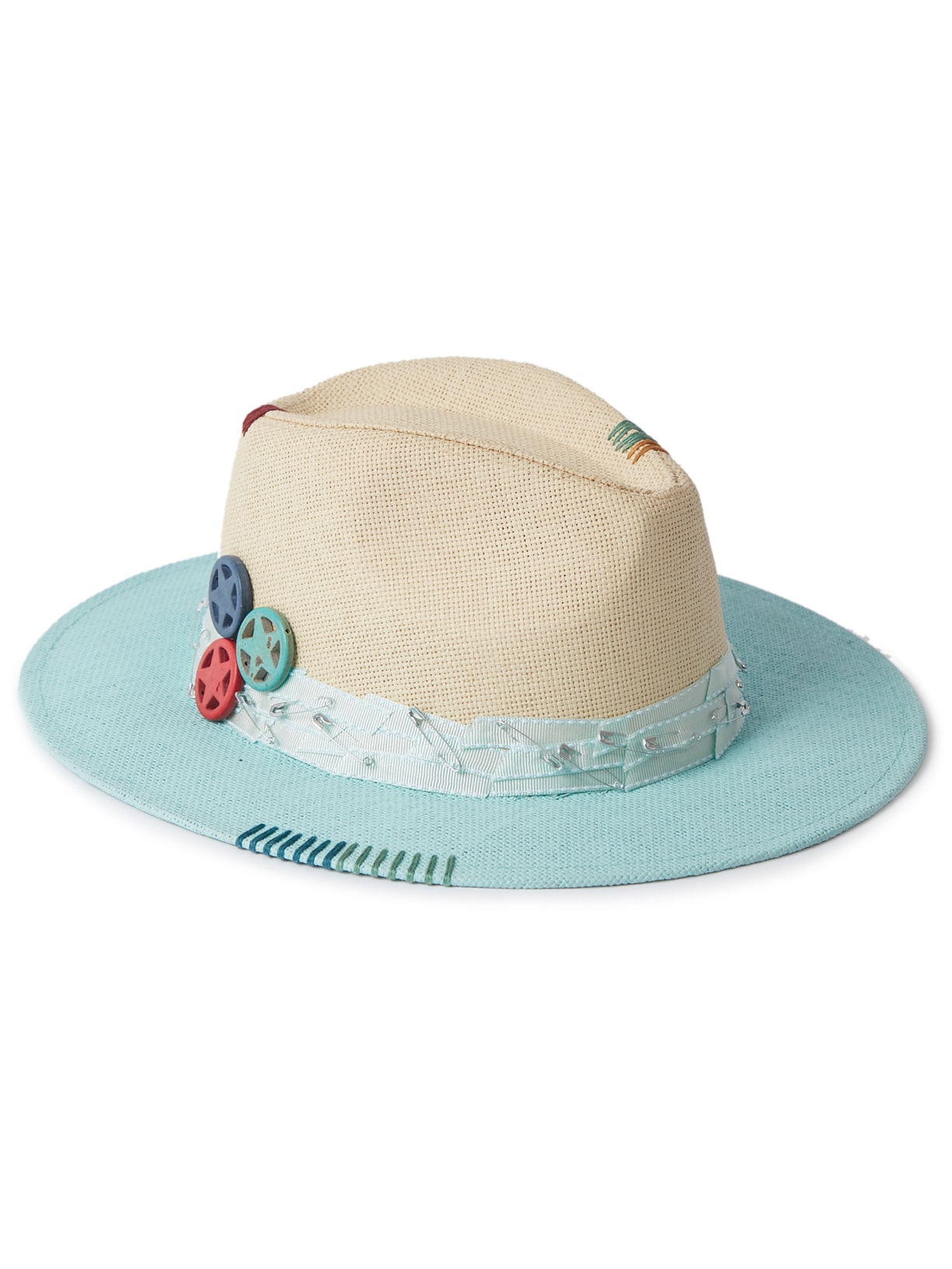 Chapéu Feminino Panamá Com Fitas Alfinetes E Estrelas Azul Âmmbar