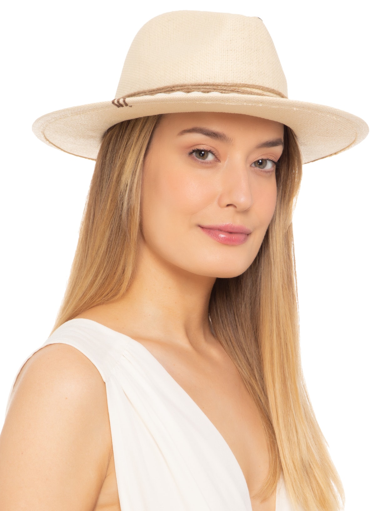 Chapéu Feminino Panamá Com Sisal e Corda Bege Âmmbar