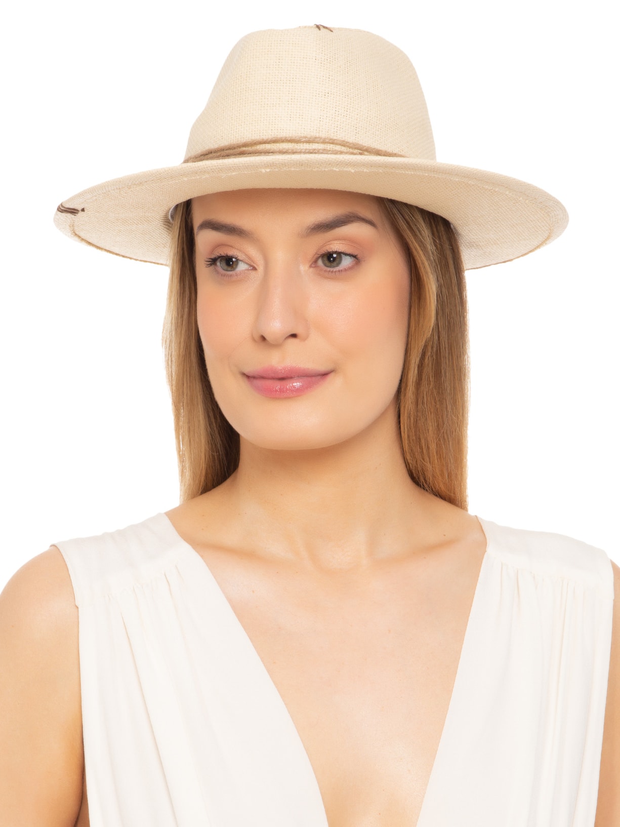 Chapéu Feminino Panamá Com Sisal e Corda Bege Âmmbar