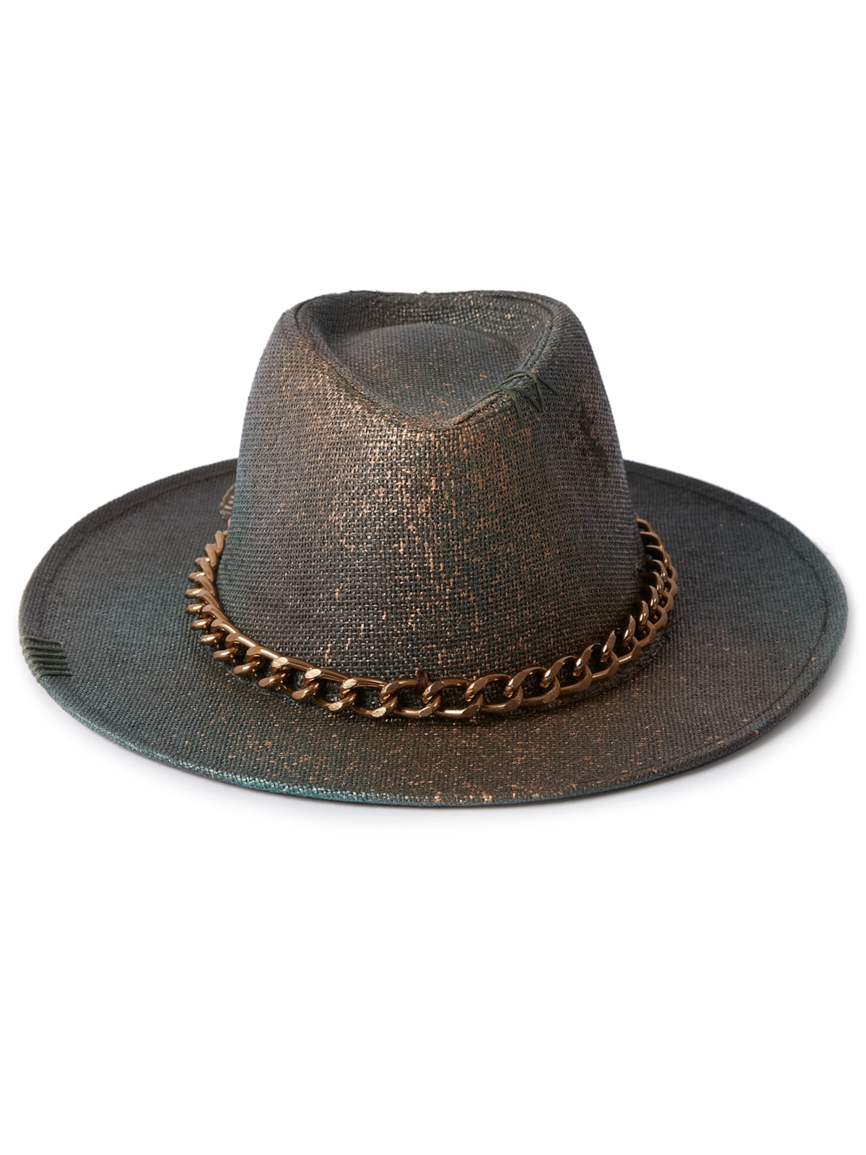 Chapéu Feminino Panamá Metalizado Com Corrente E Penas Naturais - Marrom