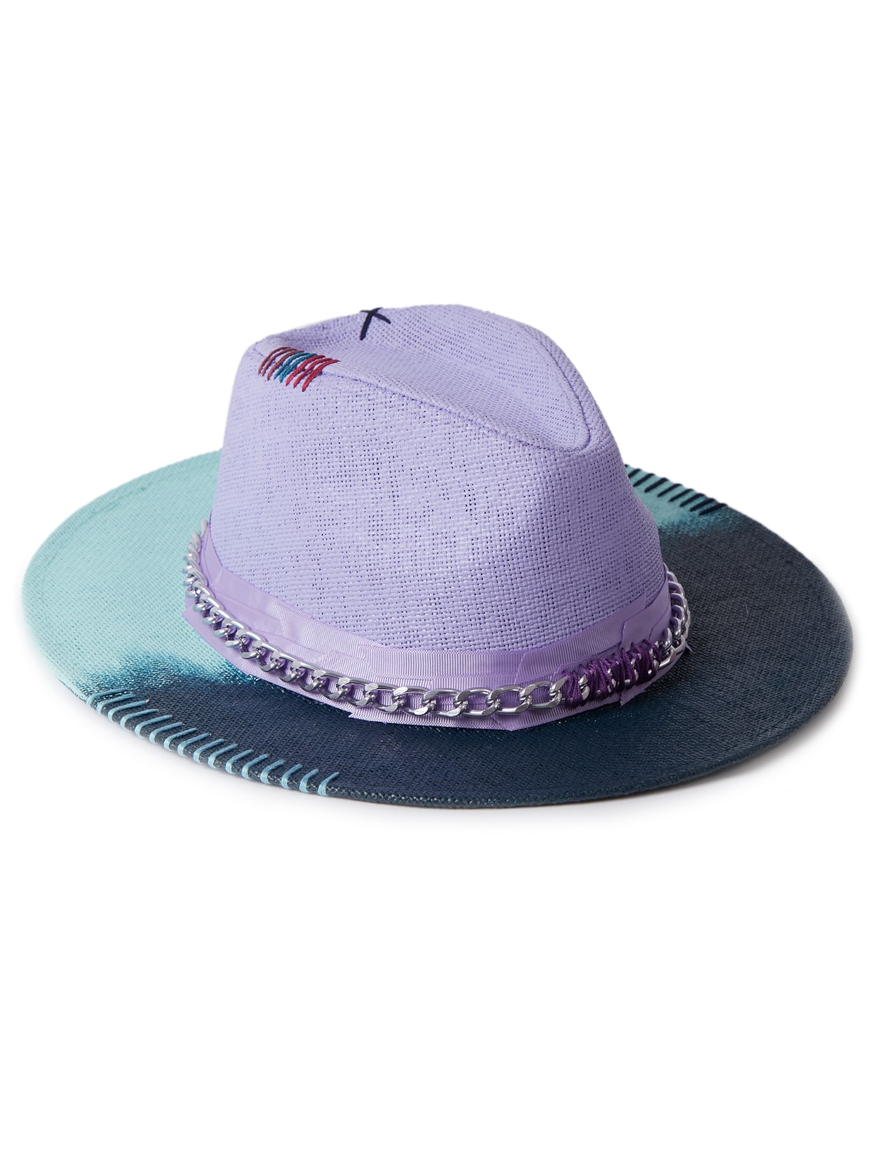 Chapéu Feminino Panamá Tie-dye Com Fitas E Corrente Azul Âmmbar