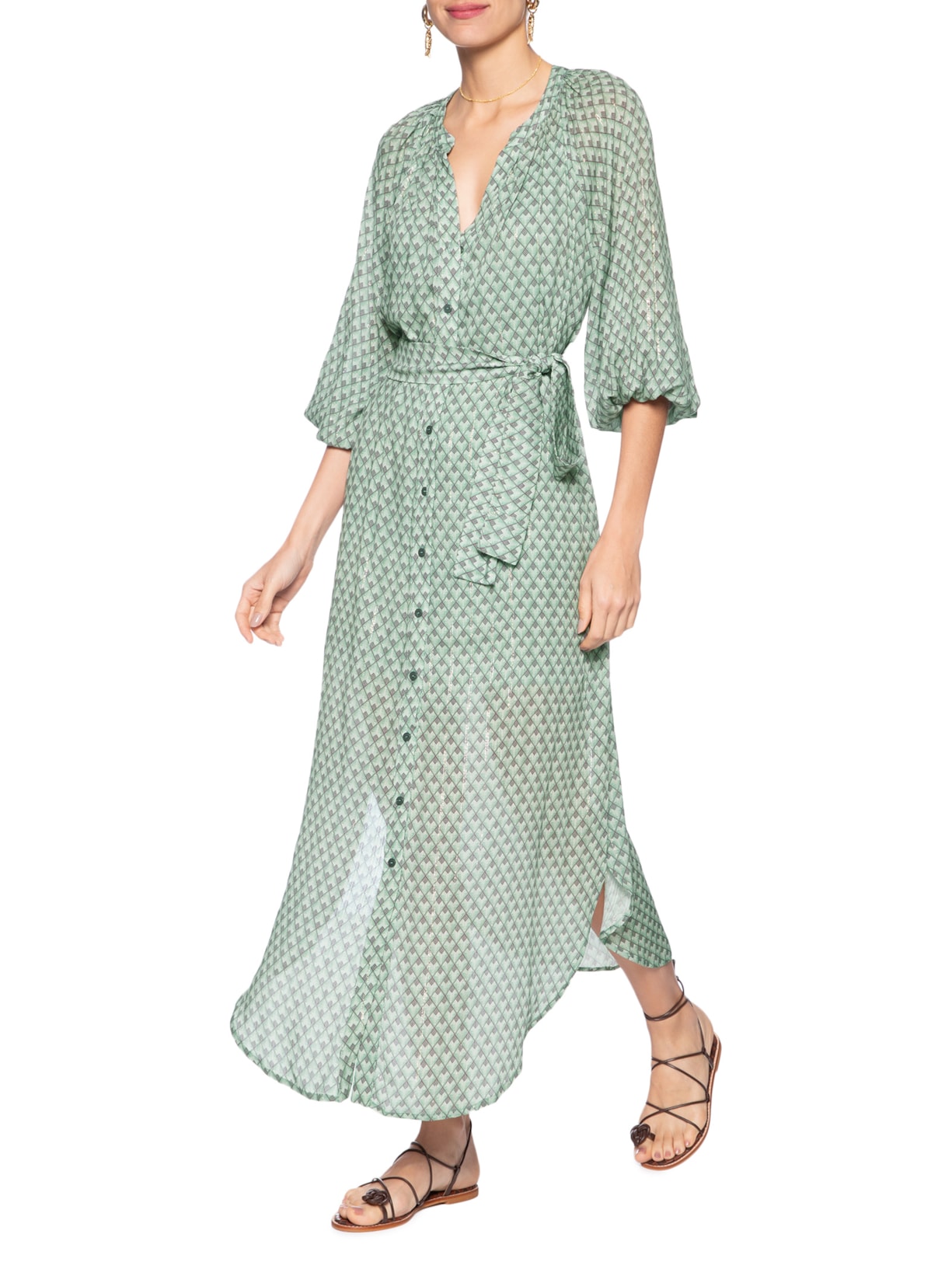 Chemise Midi Faixa Estampa Pacco Verde Maria Filó
