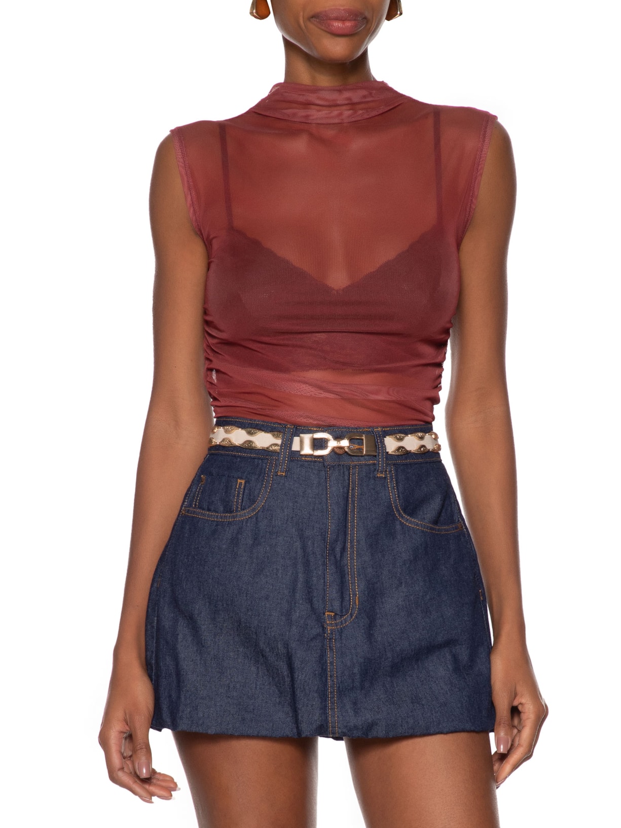 Cinto Elástico Feminino Com Detalhes E Fecho Metálicos Bege Market 33