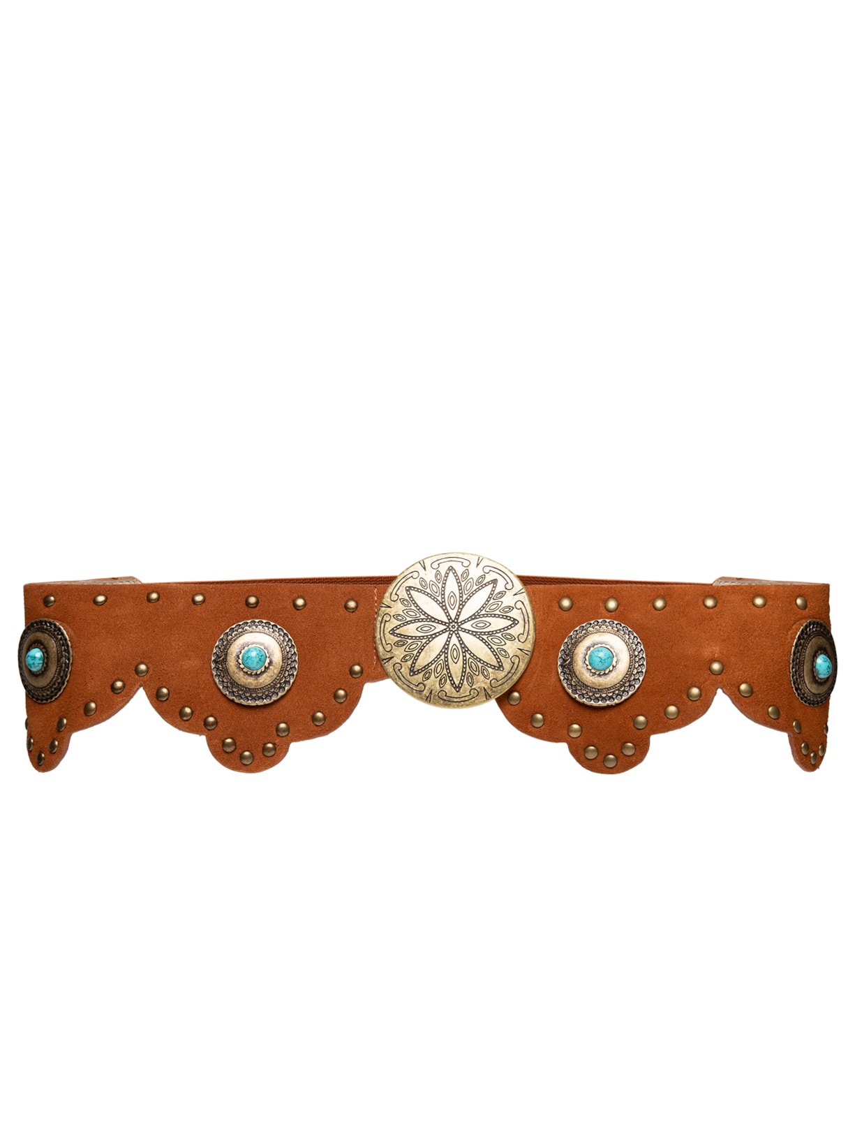 Cinto Feminino Boho Em Couro Com Pedrarias E Detalhes Metálicos - Marrom