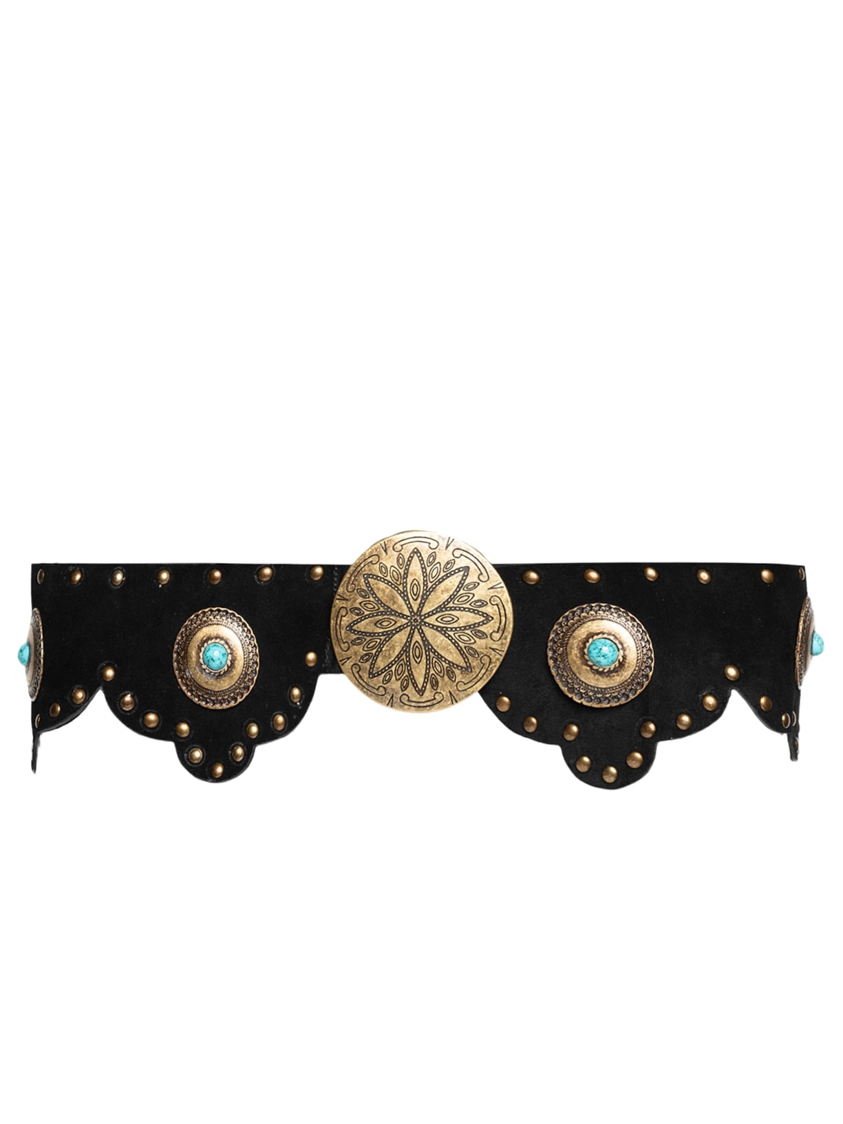 Cinto Feminino Boho Em Couro Com Pedrarias E Detalhes Metálicos - Preto