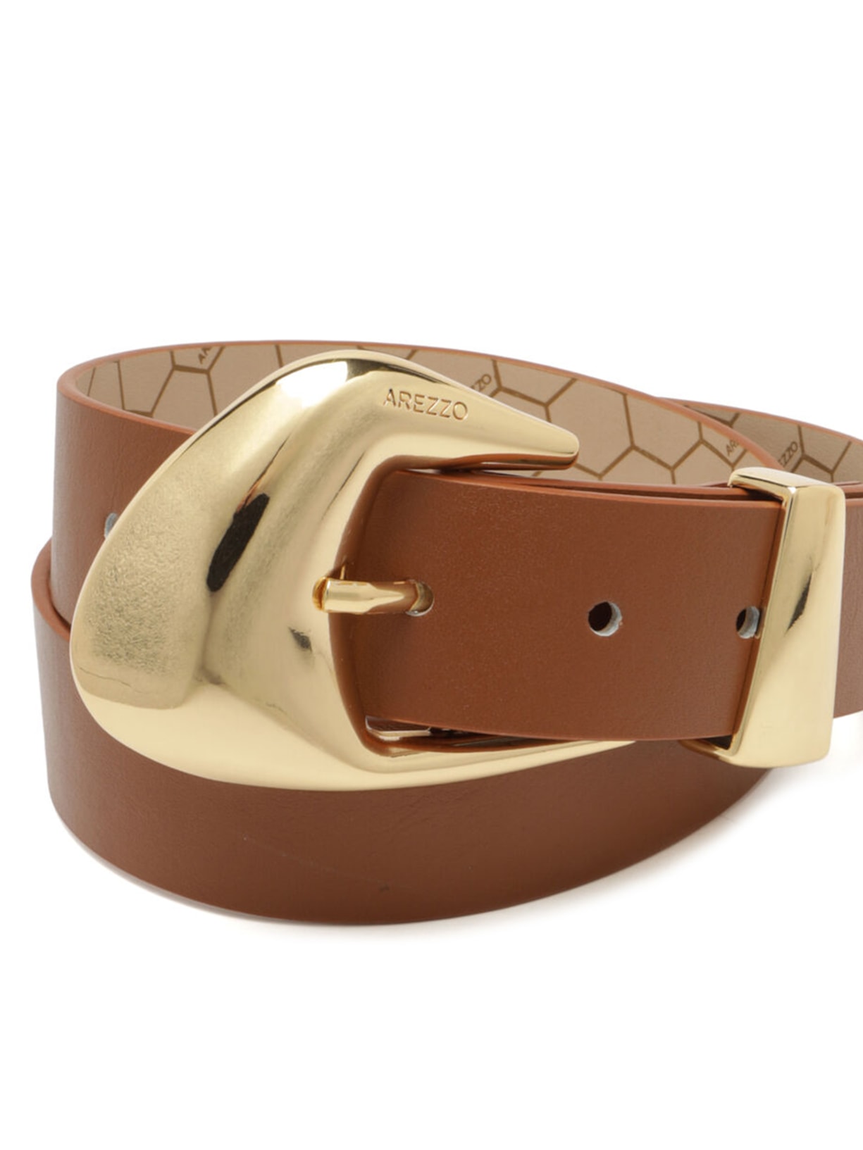 Cinto Feminino Caramelo Couro Largo Fivela Orgânica Dourada Marrom Arezzo