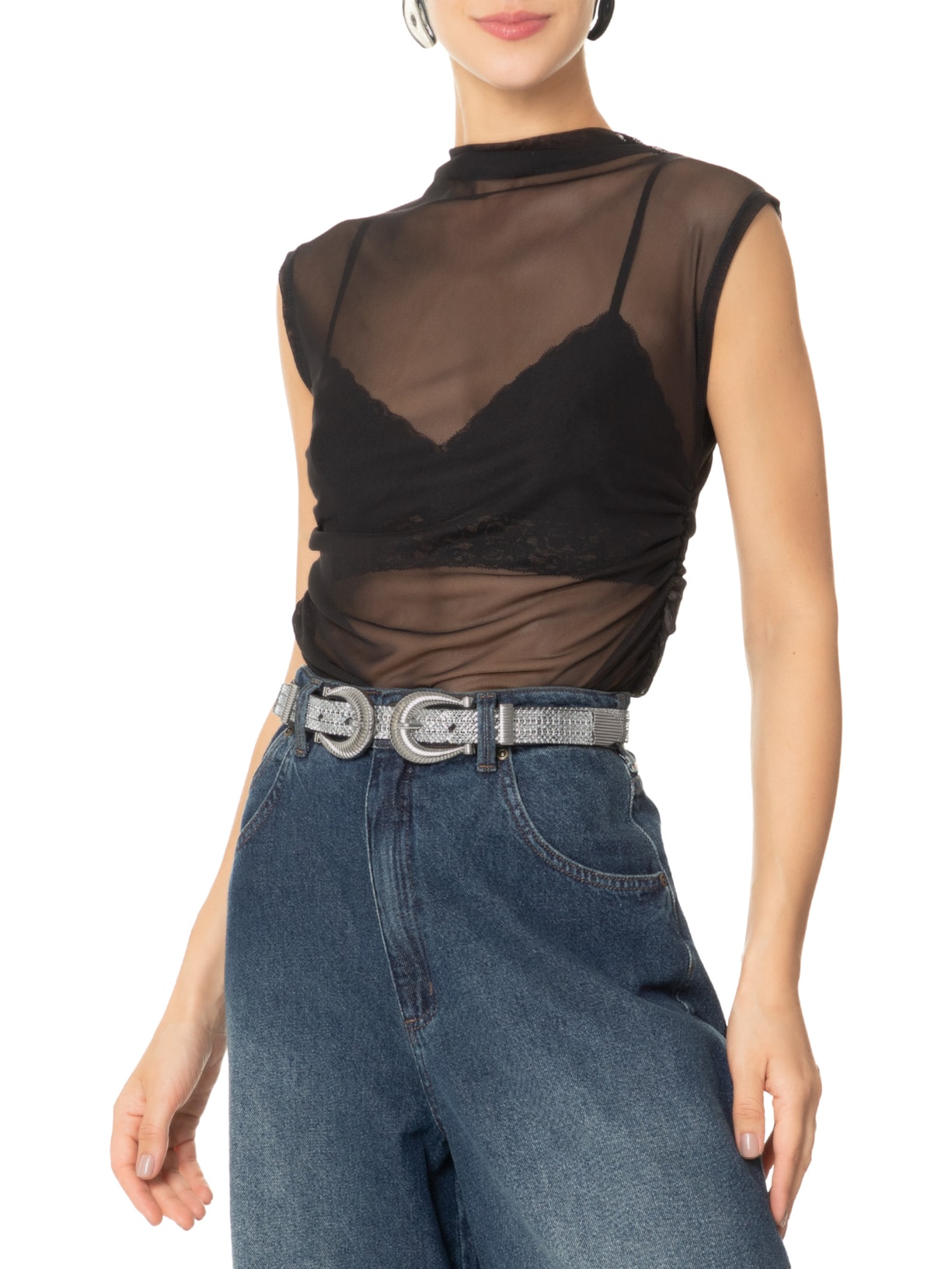 Cinto Feminino com Fivelas Duplas e Apliques Metálicos Prata Market 33