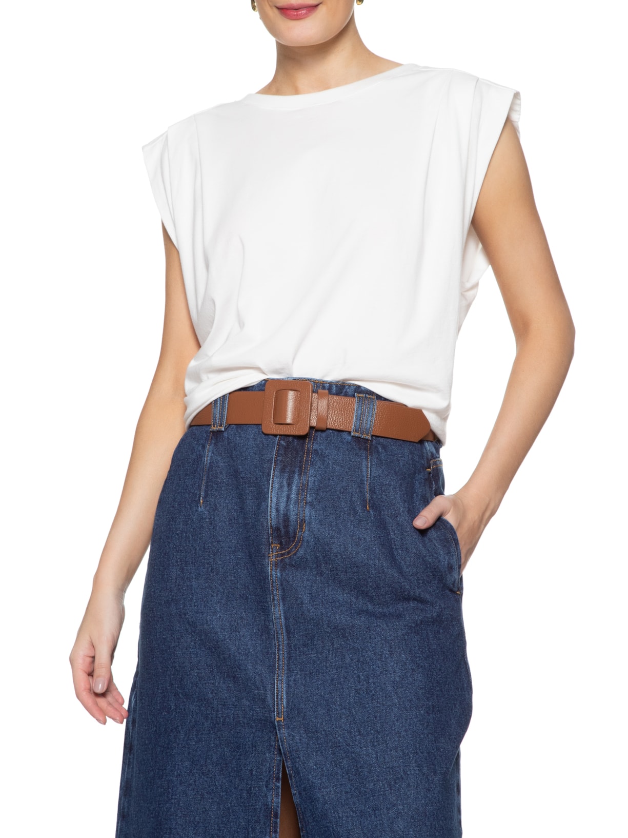 Cinto Feminino Couro Com Fivela Quadrada Encapada Marrom Basiq