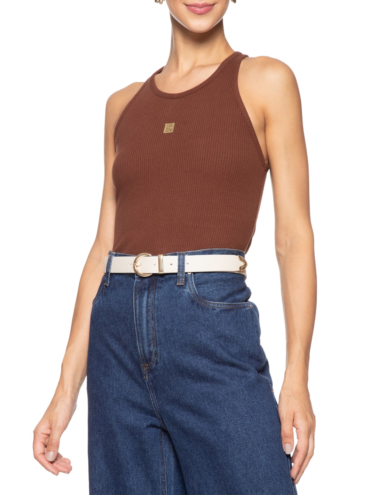 Cinto Feminino Couro Com Fivela Redonda De Metal Off White Basiq