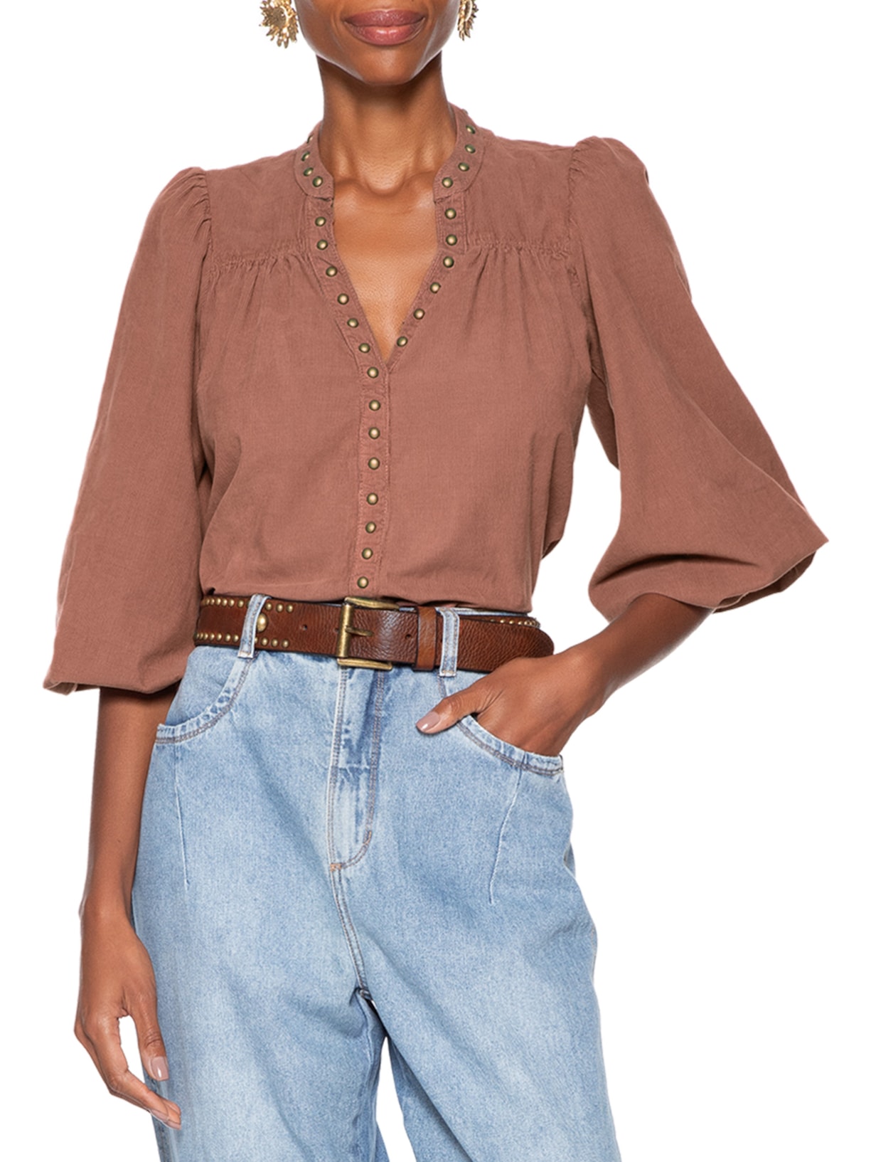 Cinto Feminino Couro Com Rebites Marrom Maria Filó