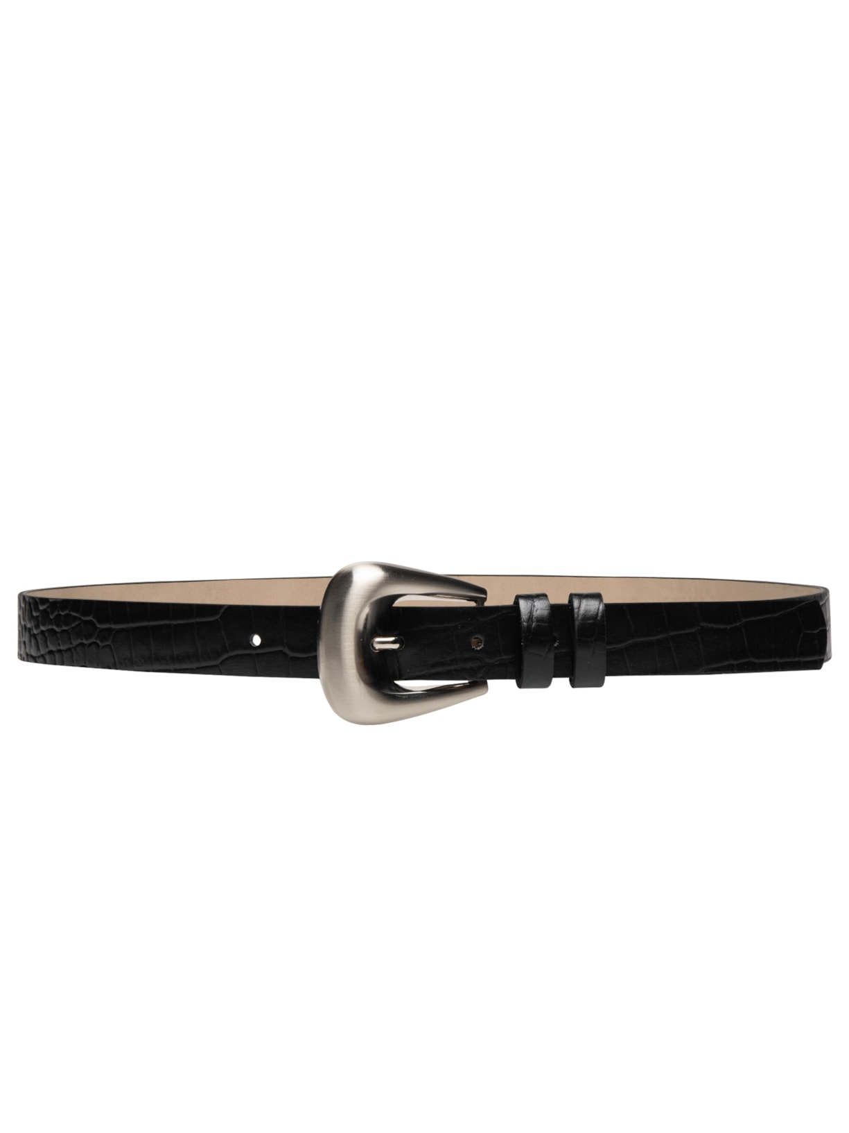 Cinto Feminino Couro Croco Fivela Oval Escovada - Preto