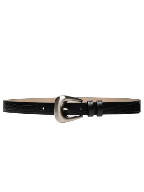 Cinto Feminino Couro Croco Fivela Oval Escovada - Preto