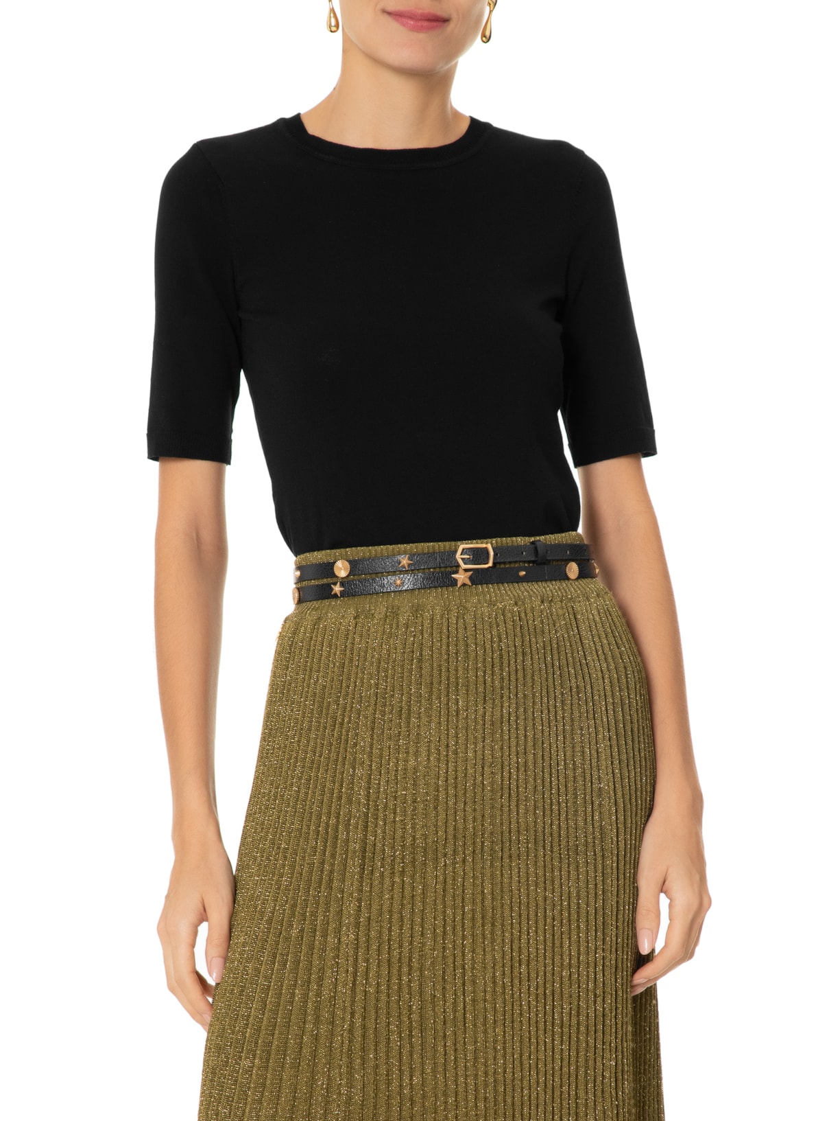 Cinto Feminino Couro Duplo Metais Folk Preto Arezzo