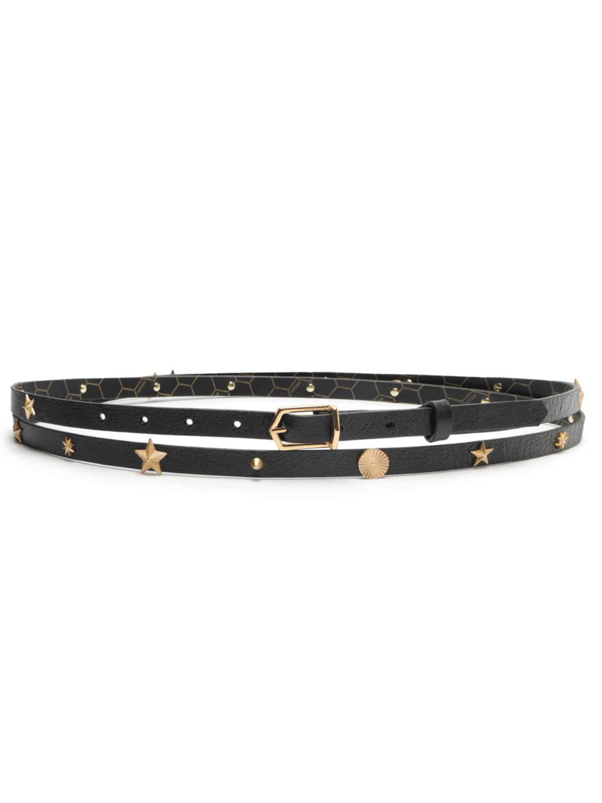 Cinto Feminino Couro Duplo Metais Folk - Preto