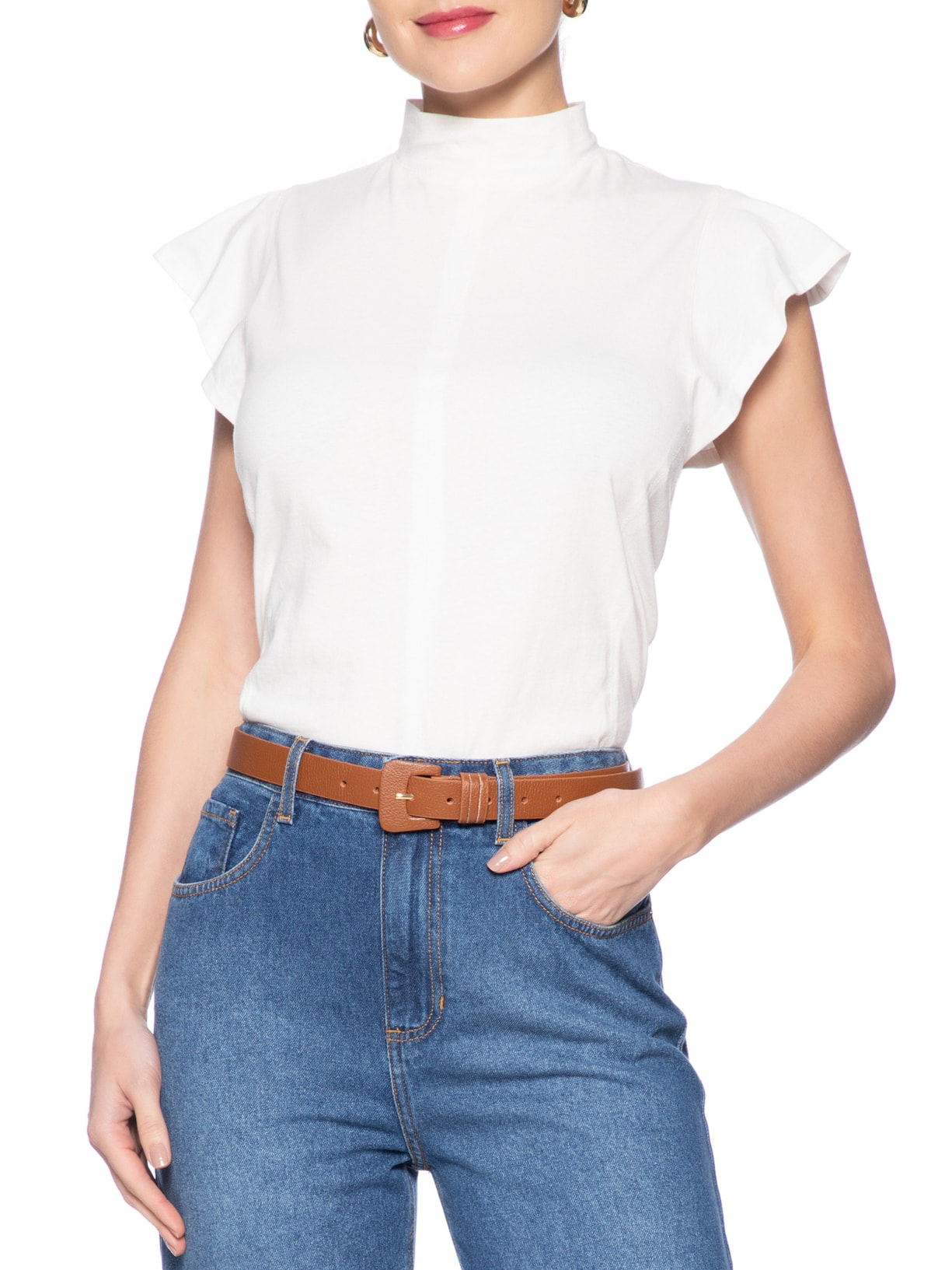 Cinto Feminino Couro Fivela Encapada Bege Basiq