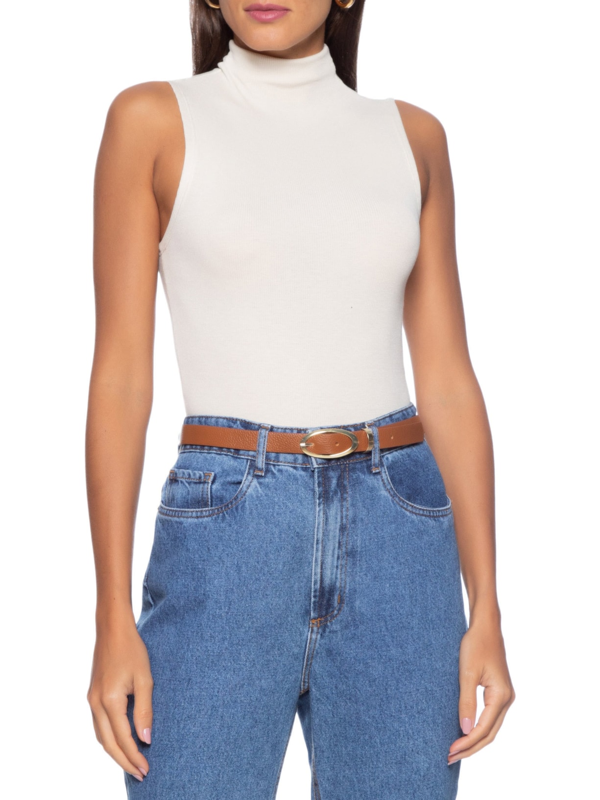 Cinto Feminino Couro Fivela Oval Marrom Basiq