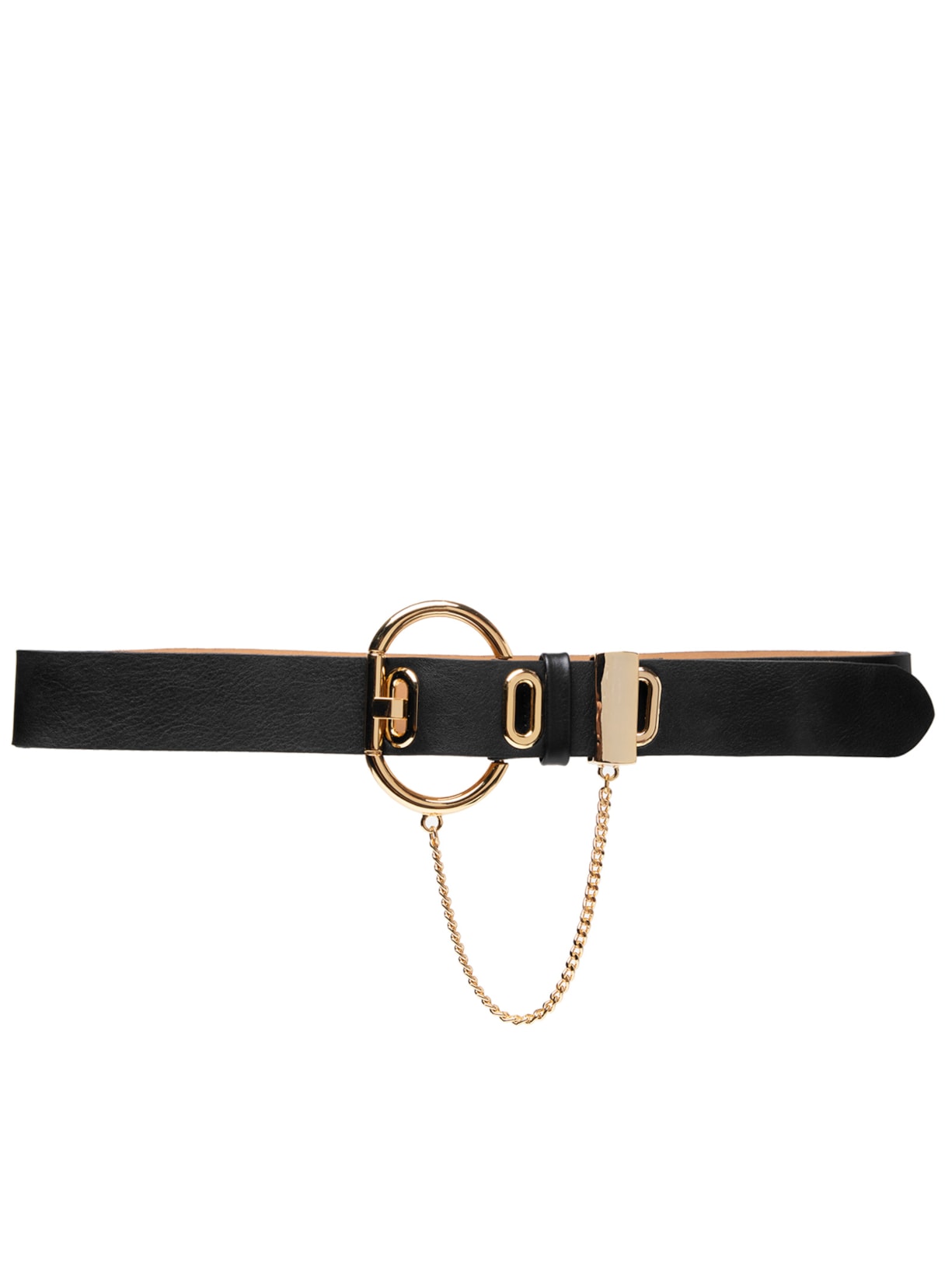 Cinto Feminino de Couro com Fivela Dourada e Detalhe em Corrente - Preto