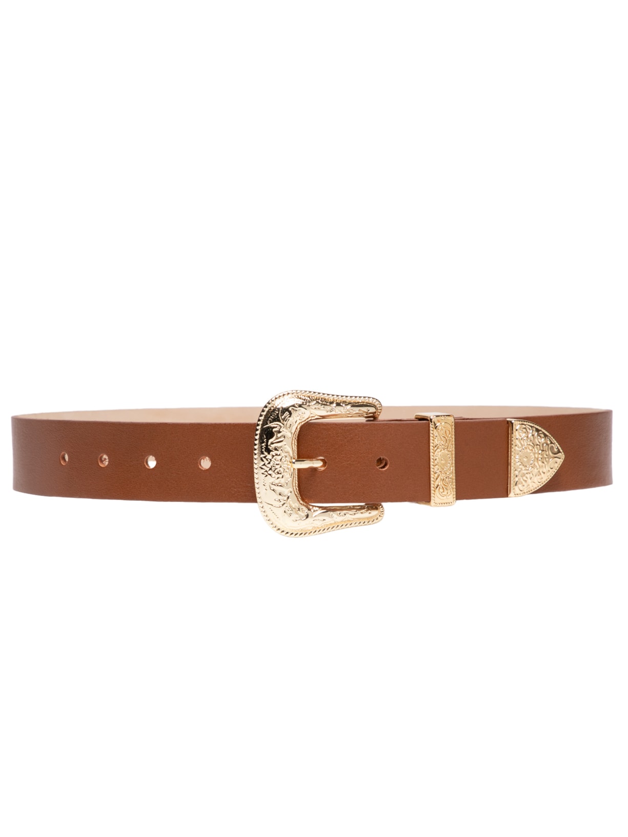 Cinto Feminino De Couro Com Uma Fivela E Ponteira Dourada Western - 3,5 Cm - Marrom