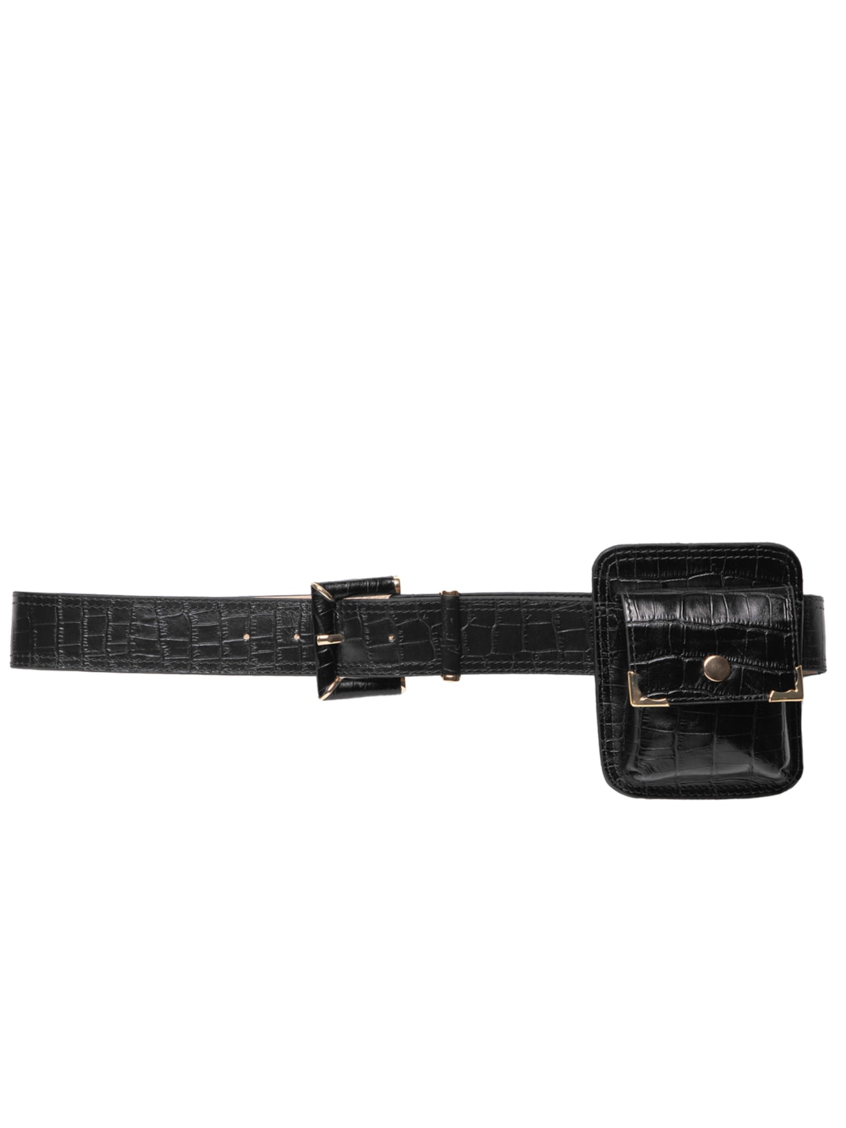 Cinto Feminino de Couro Croco com Fivela Encapada e Pochete - Preto