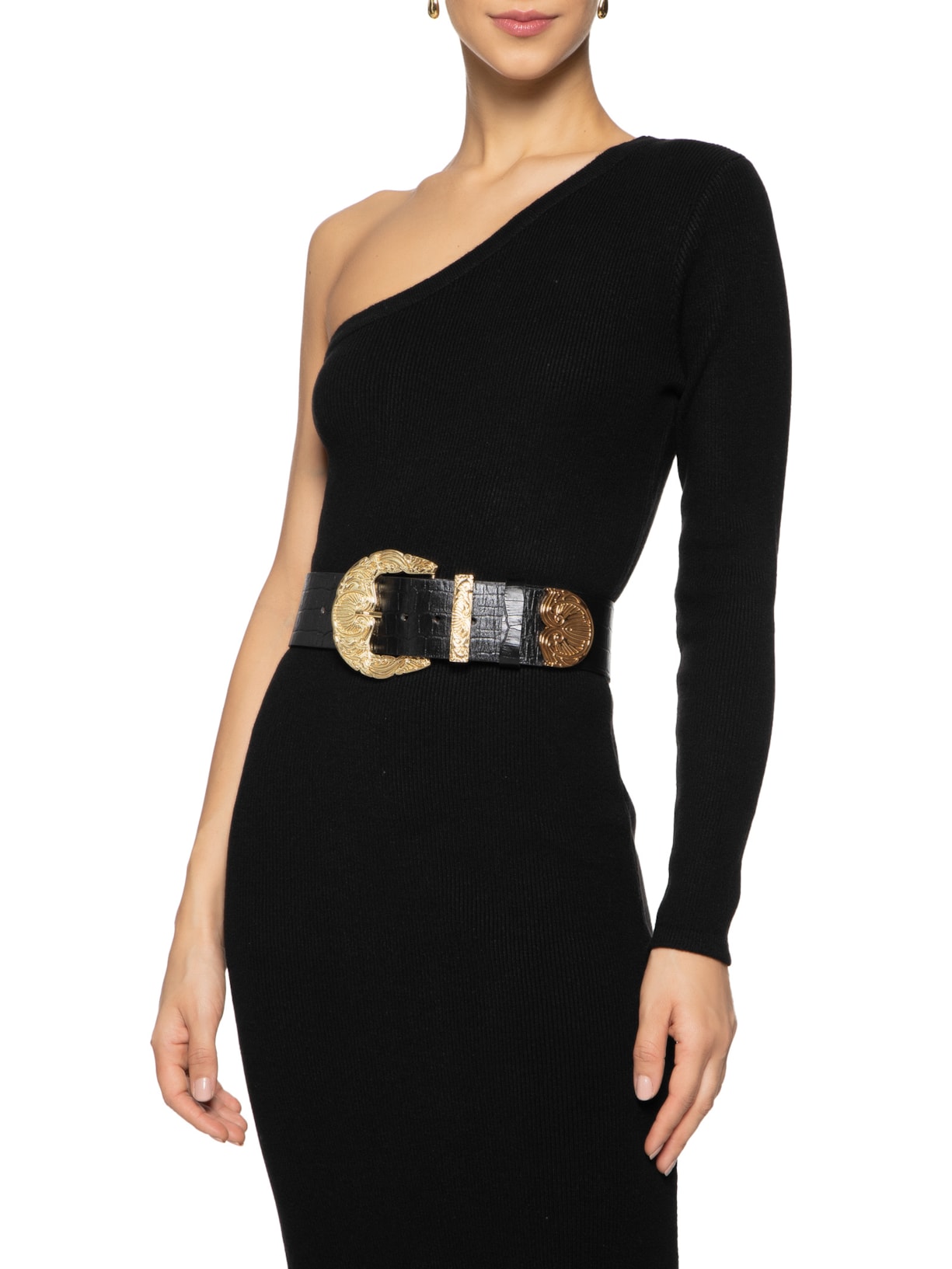 Cinto Feminino de Couro Croco Max com Fivela e Ponteira Preto Virgínia Cavalheiro