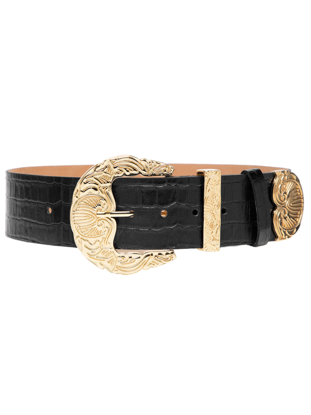 Cinto Feminino de Couro Croco Max com Fivela e Ponteira - Preto