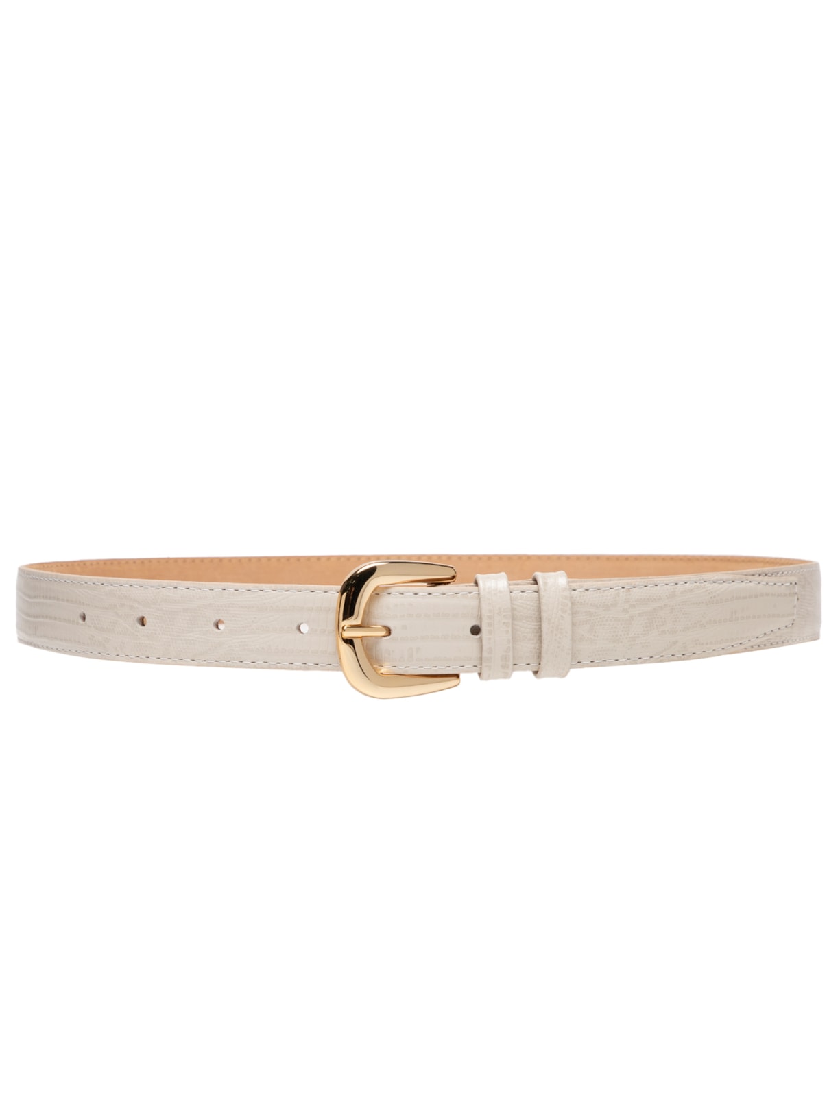 Cinto Feminino de Couro Lezard com Dois Passantes e Fivela Dourada - Off White
