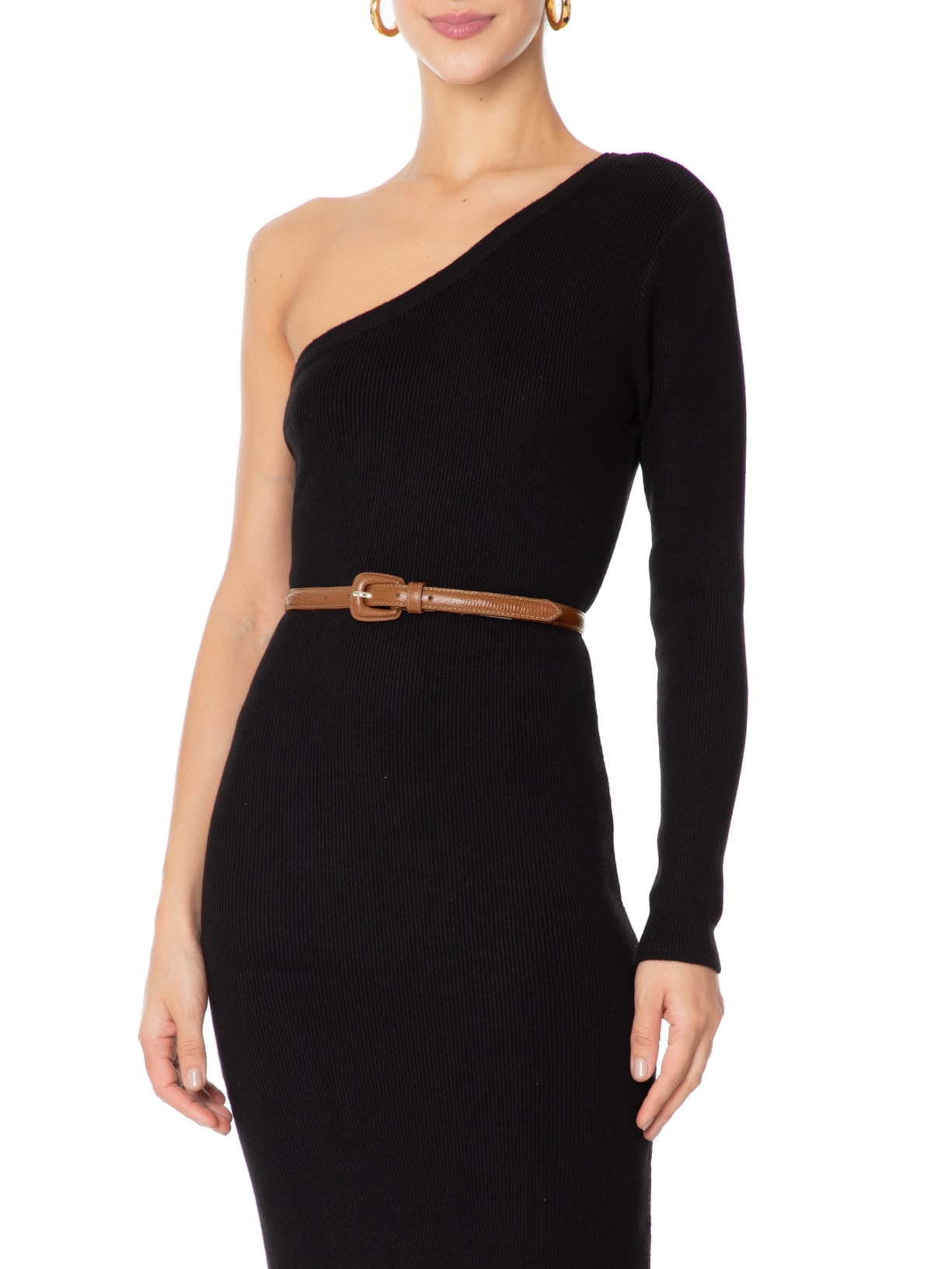 Cinto Feminino de Couro Lezard Fino com Fivela Encapada Marrom Virgínia Cavalheiro