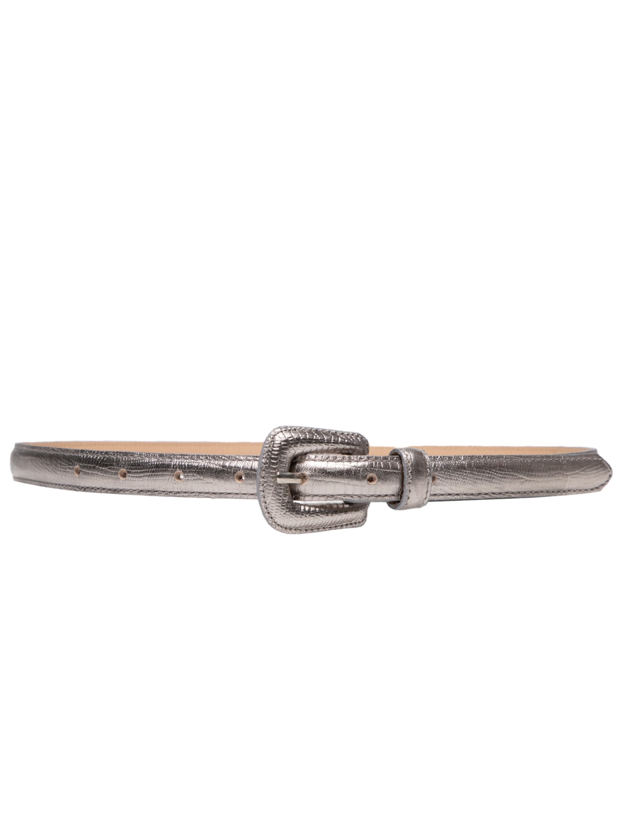 Cinto Feminino de Couro Lezard Fino com Fivela Encapada - Prata