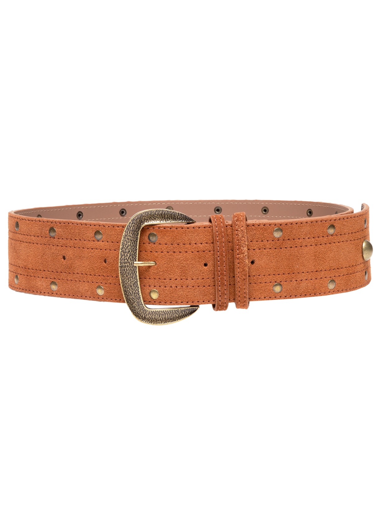 Cinto Feminino Em Couro Camurça Com Apliques Metálicos - Marrom