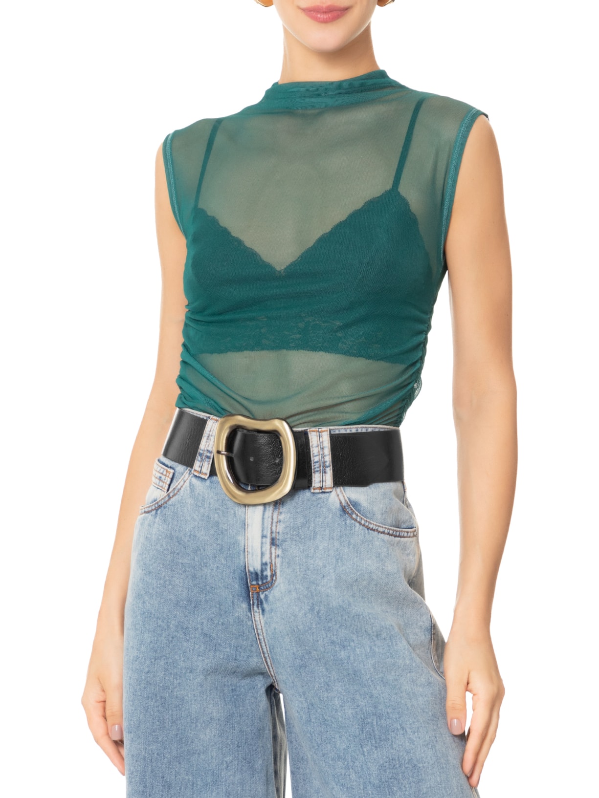 Cinto Feminino em Couro com Fivela Orgânica Preto Market 33