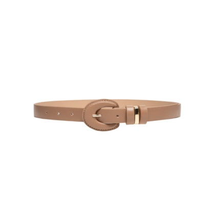 Cinto Feminino Em Couro Com Fivela Oval Encapada - Bege