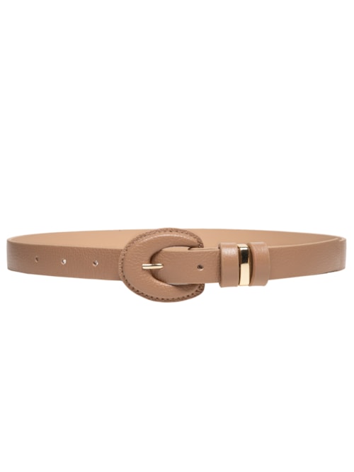 Cinto Feminino Em Couro Com Fivela Oval Encapada - Bege