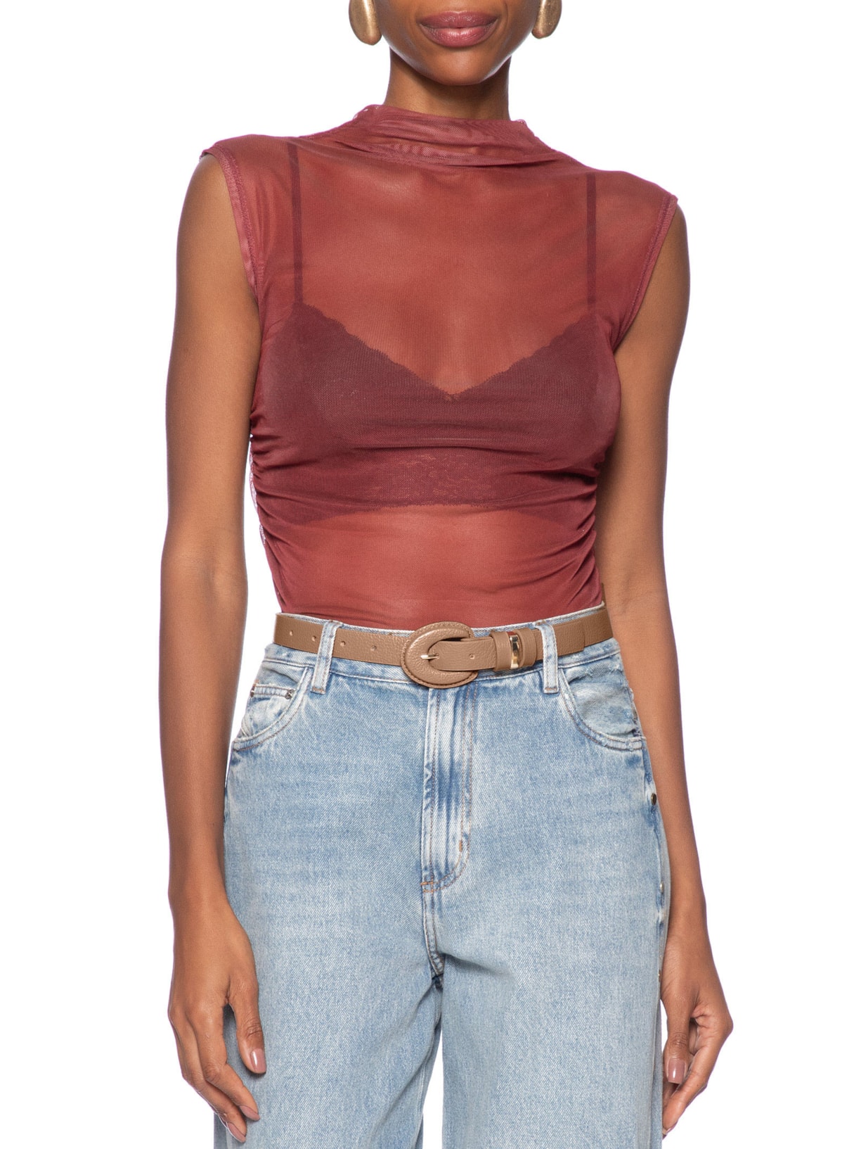 Cinto Feminino Em Couro Com Fivela Oval Encapada Bege Market 33