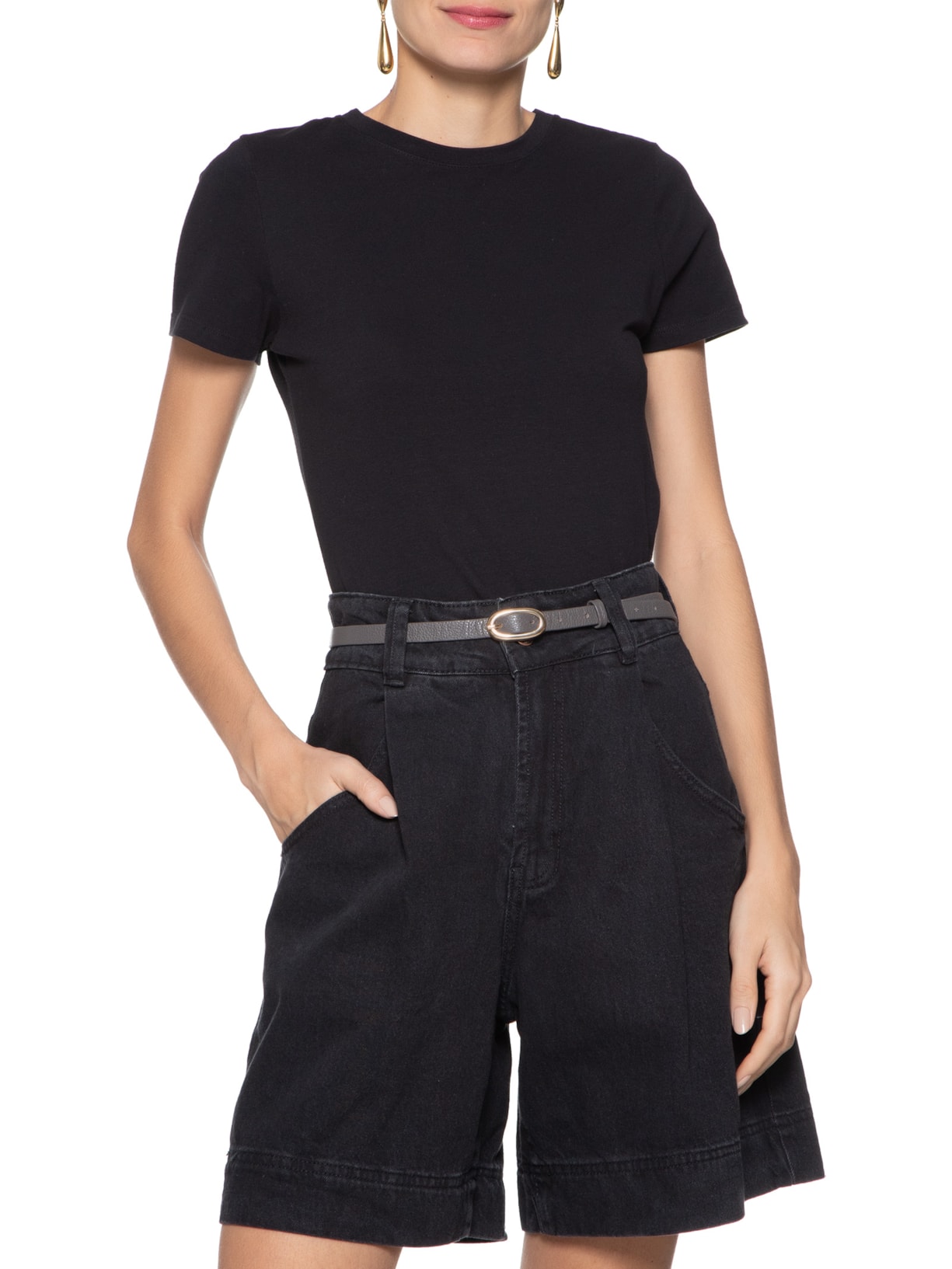 Cinto Feminino Em Couro Com Fivela Redonda Cinza Market 33