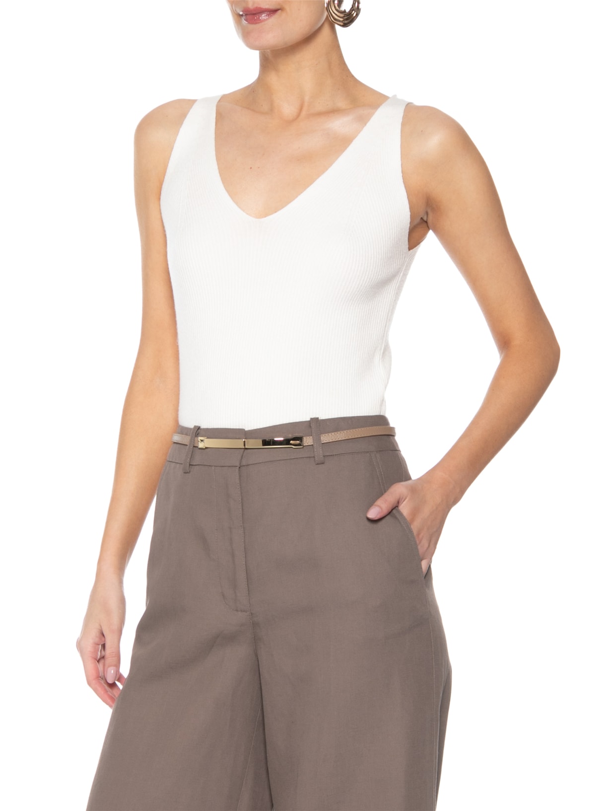 Cinto Feminino Em Couro Com Fivela Retangular – Bege Market 33