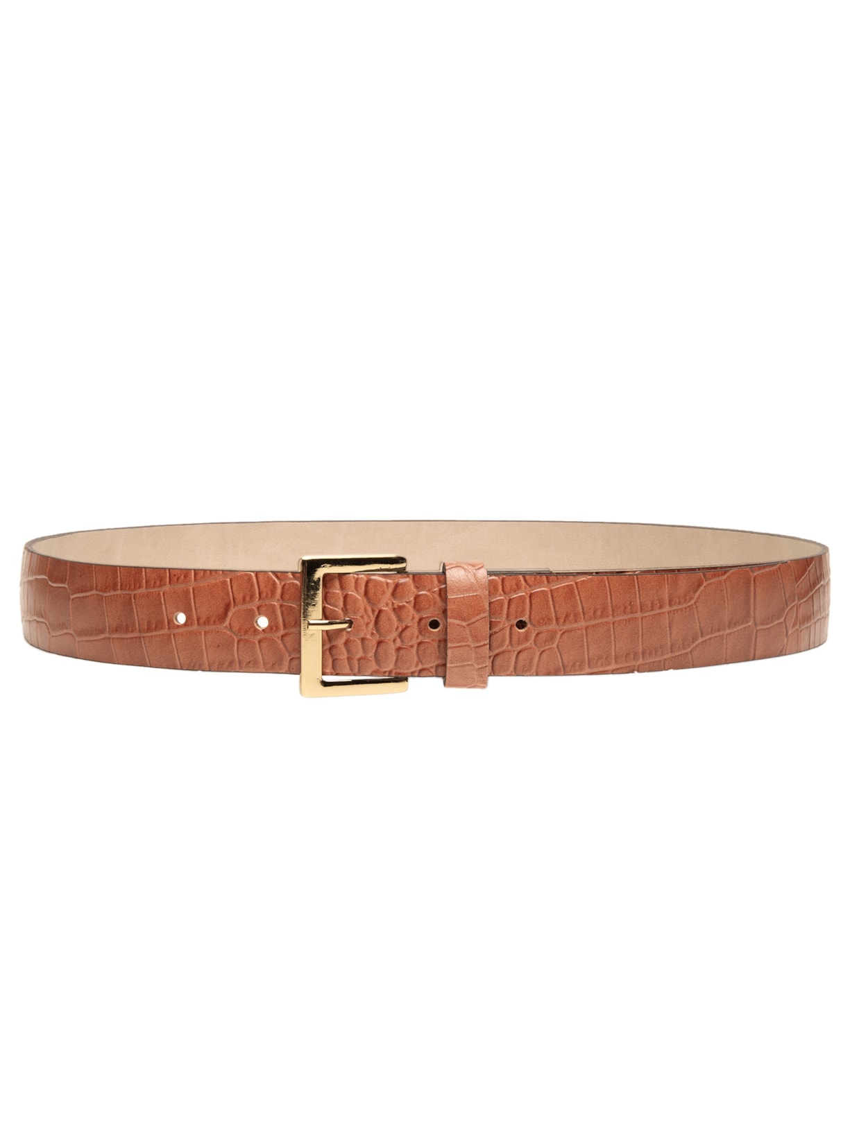 Cinto Feminino em Couro Croco com Fivela Quadrada – Bege Basiq