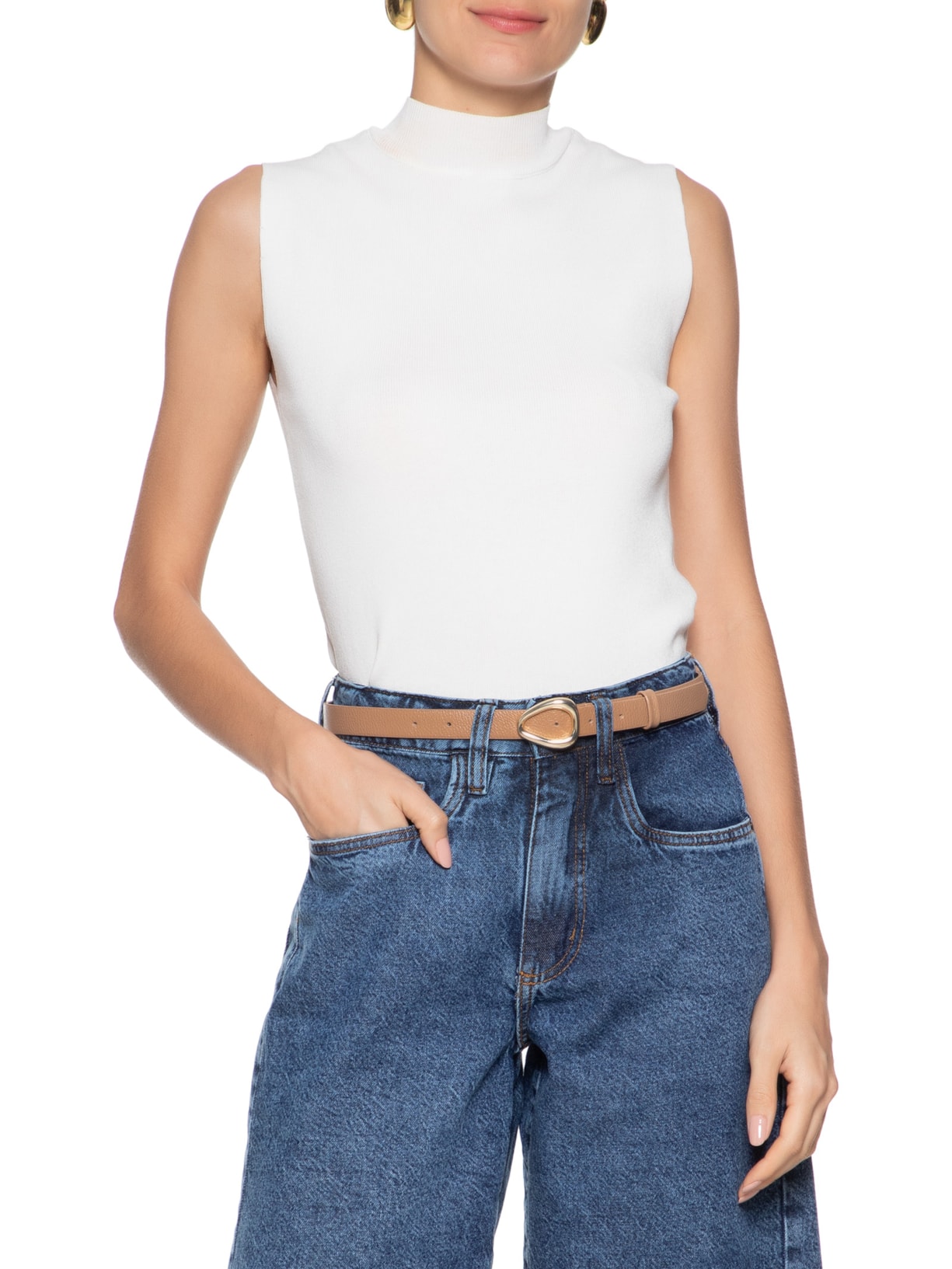Cinto Feminino em Couro Fivela Dourada Bege Market 33