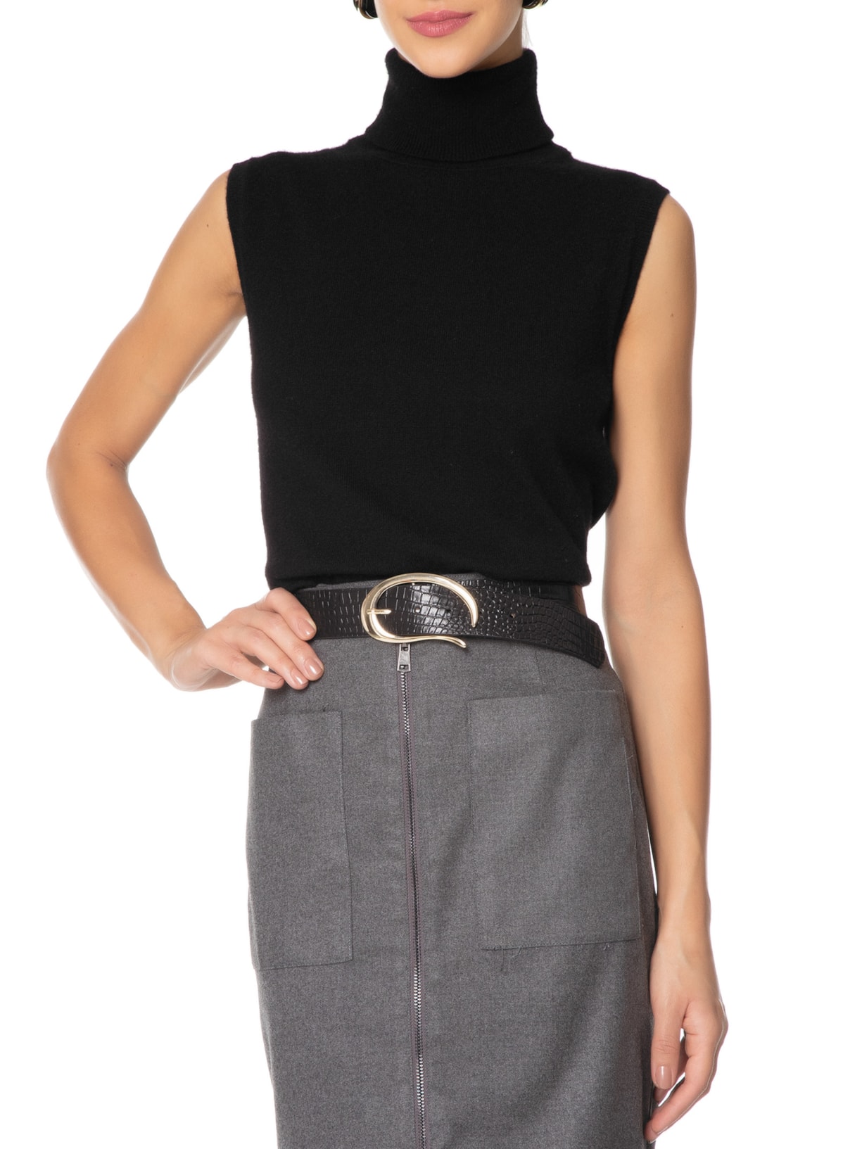 Cinto Feminino Em Couro Fivela Dourada Preto '2Essential