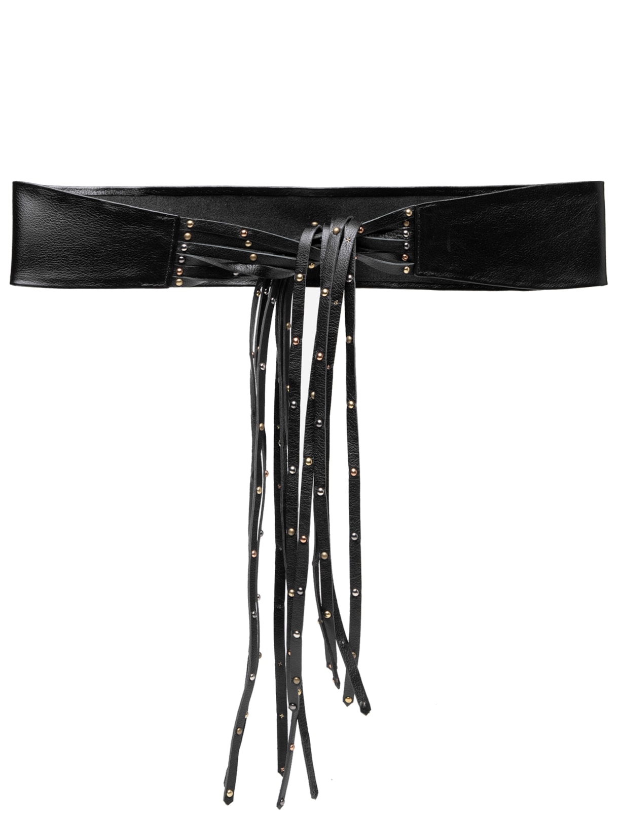 Cinto Feminino Faixa de Couro Com Franja e Tachas - Preto