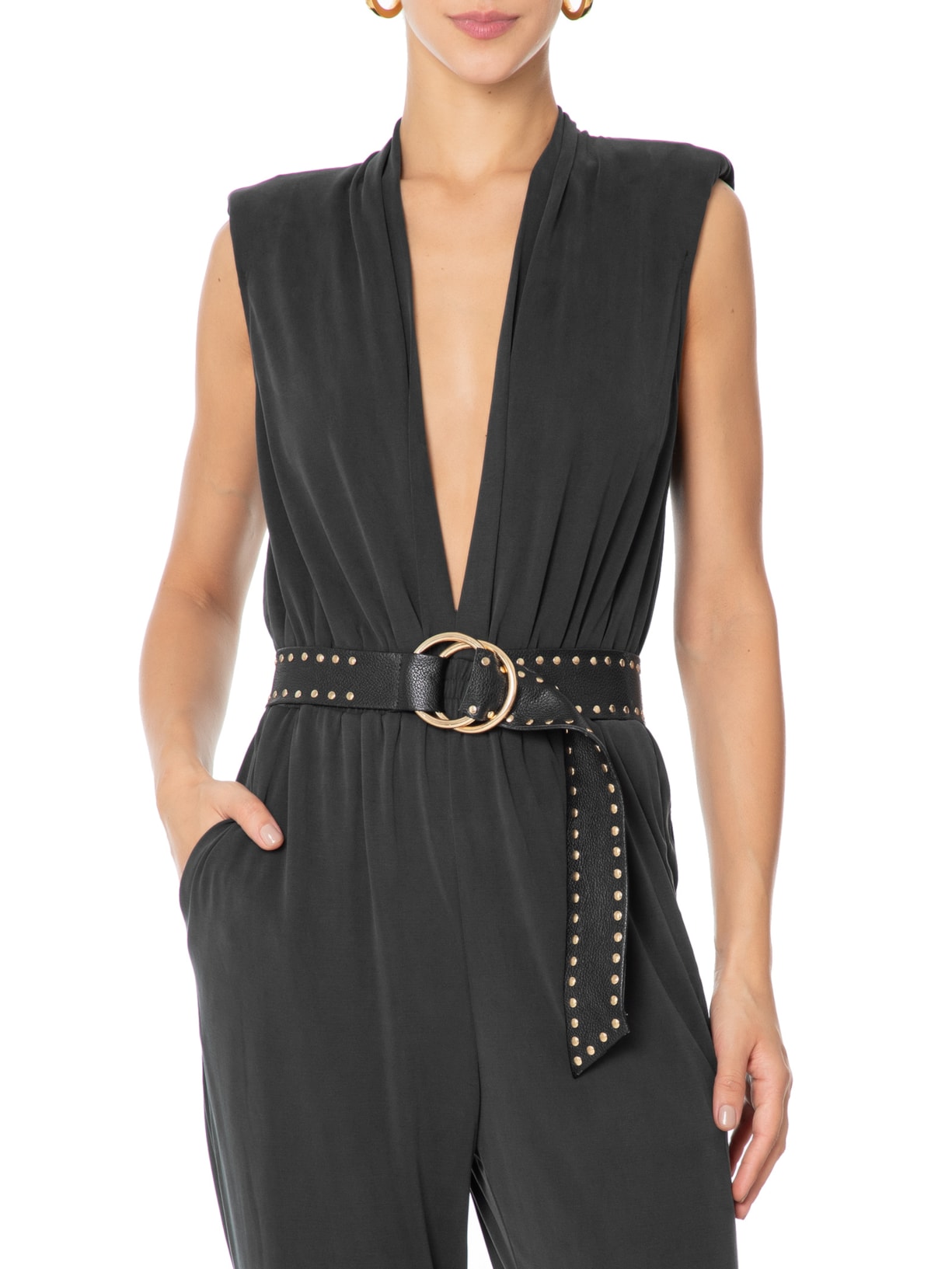 Cinto Feminino Faixa de Couro com Tachas 4,5 cm Preto  Virgínia Cavalheiro