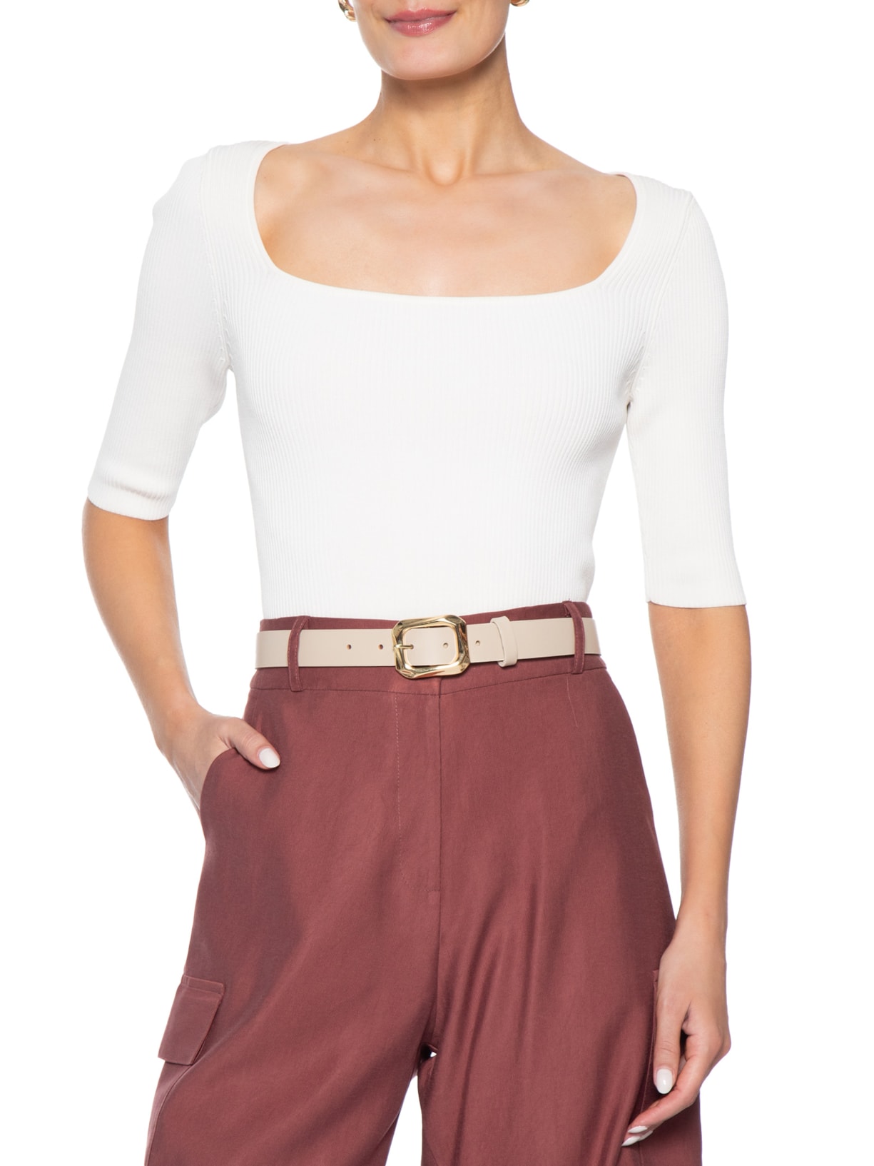 Cinto Feminino Fivela Quadrada Em Couro Bege '2Essential
