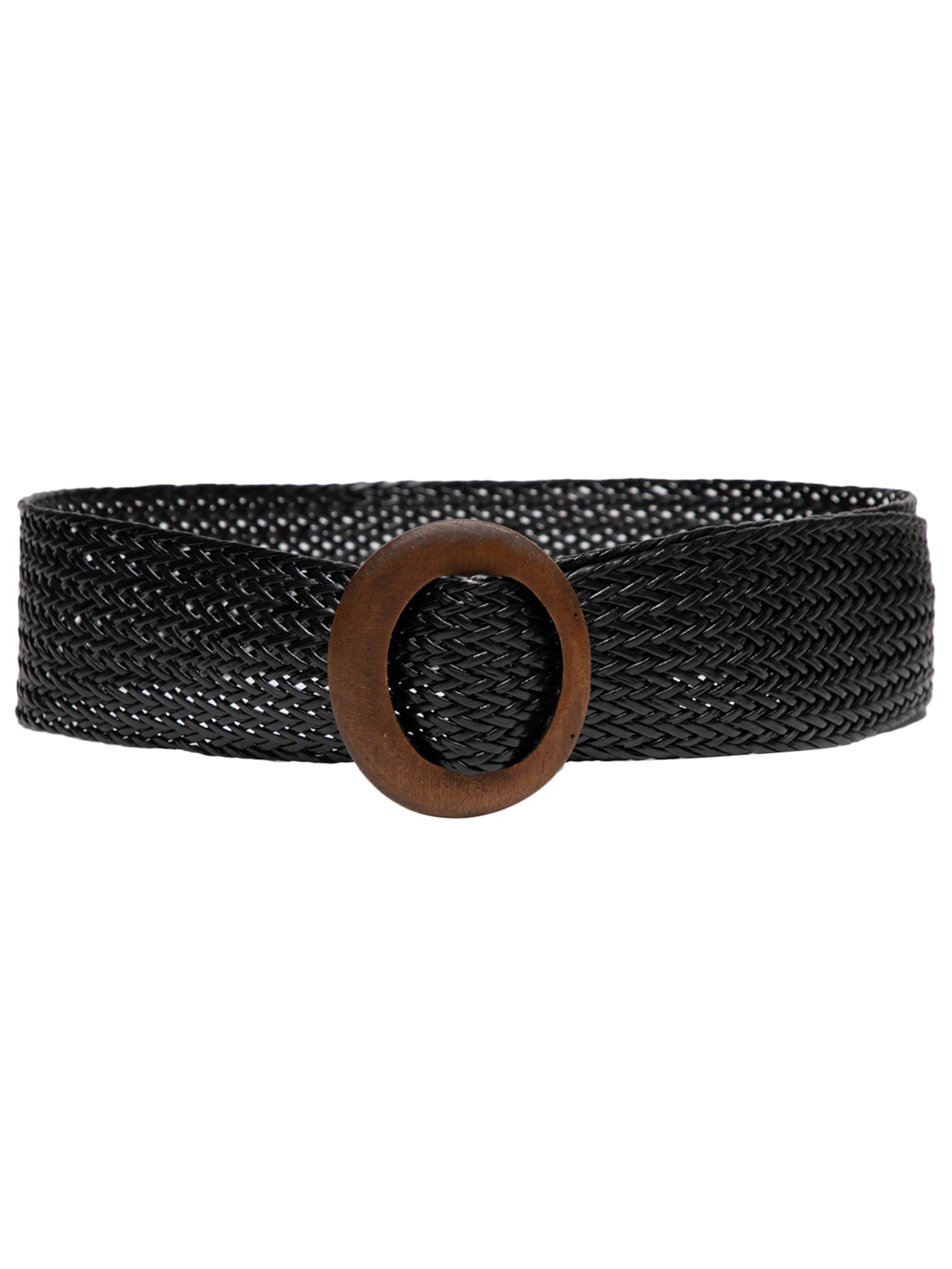 Cinto Feminino Grosso Com Fivela Redonda De Madeira - Preto