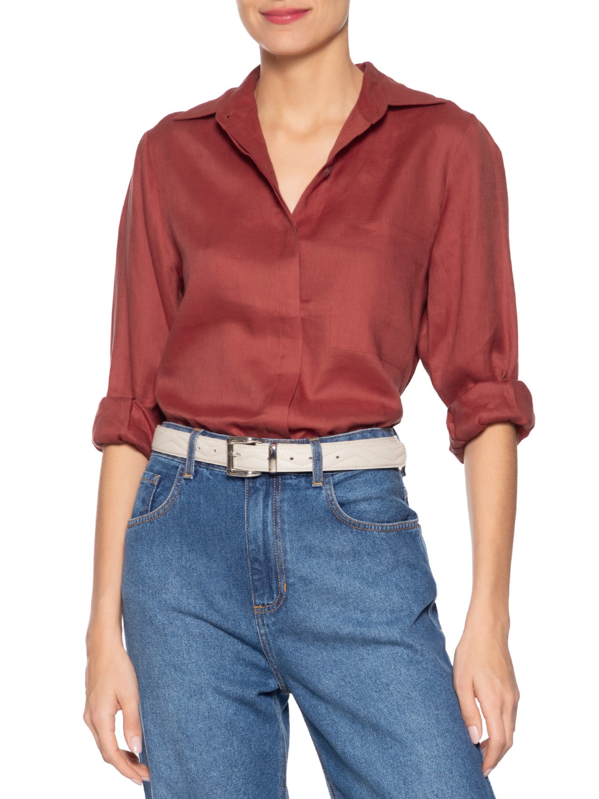 Cinto Feminino Pespontado Fivela Metalica Off White Basiq