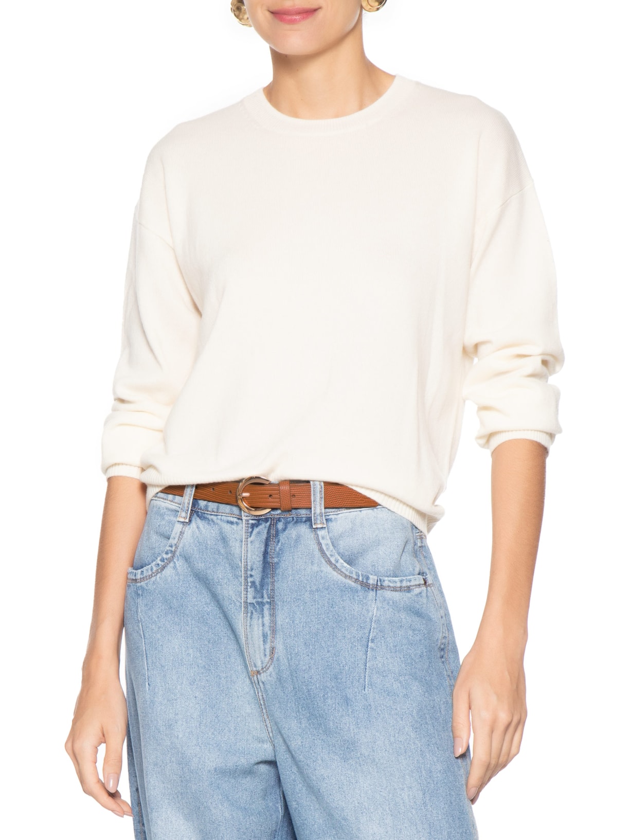 Cinto Feminino Texturizado Com Fivela Redonda Metálica Bege Basiq